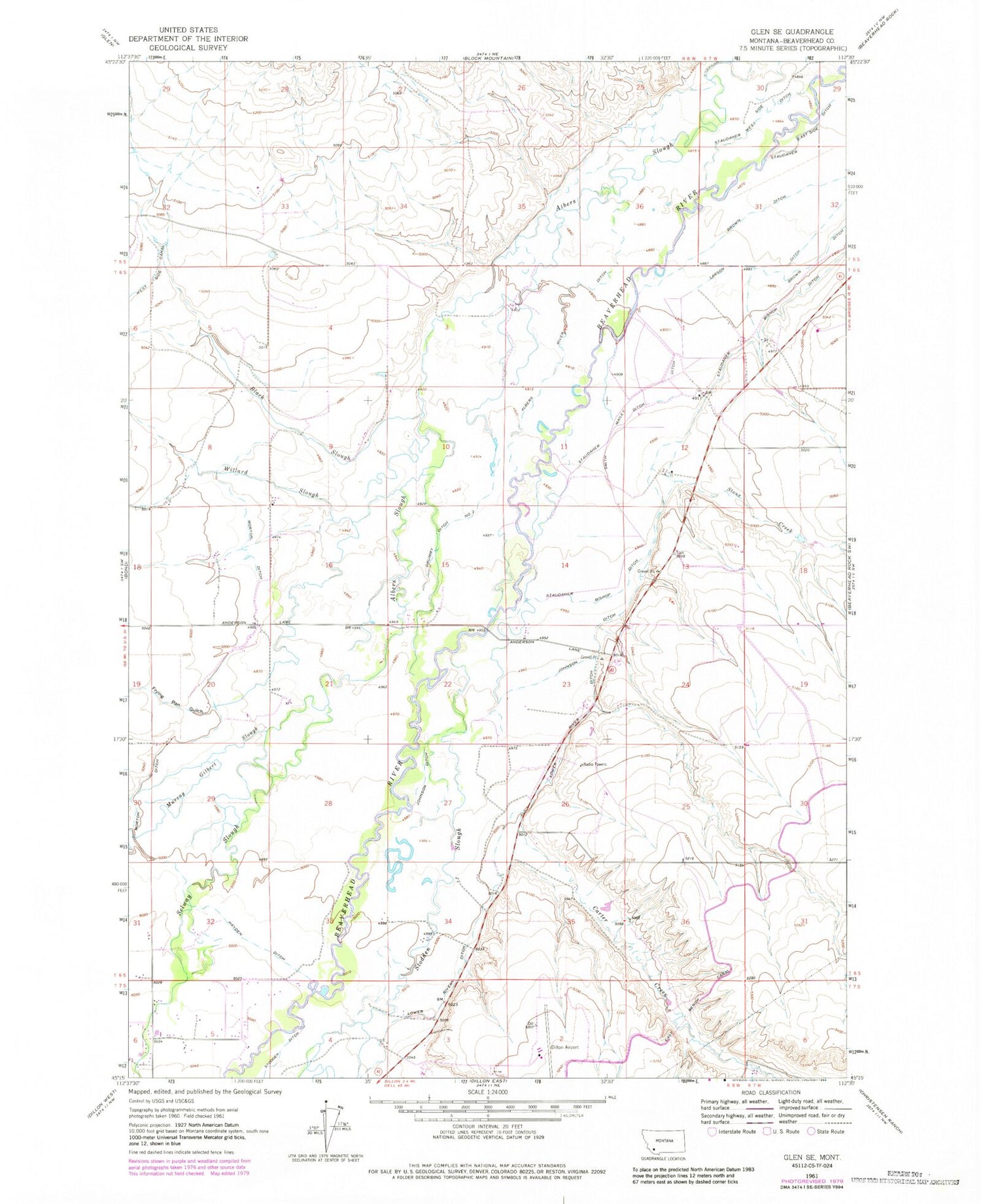 Classic USGS Glen SE Montana 7.5'x7.5' Topo Map Image
