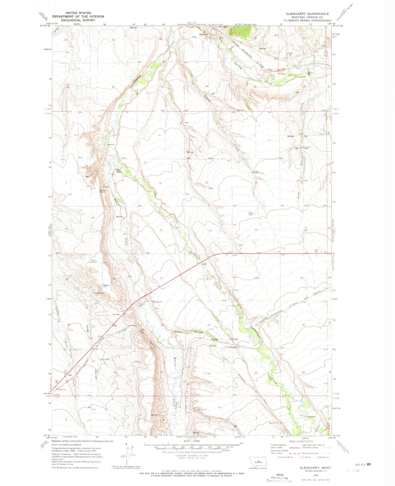 Classic USGS Glengarry Montana 7.5'x7.5' Topo Map Image