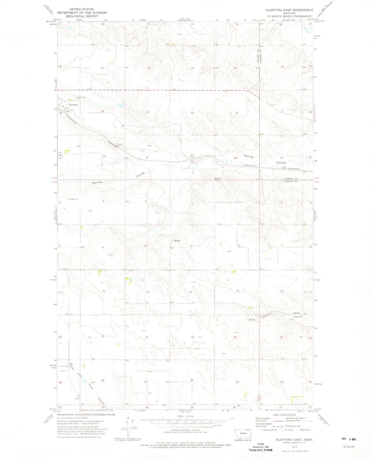 Classic USGS Glentana East Montana 7.5'x7.5' Topo Map Image