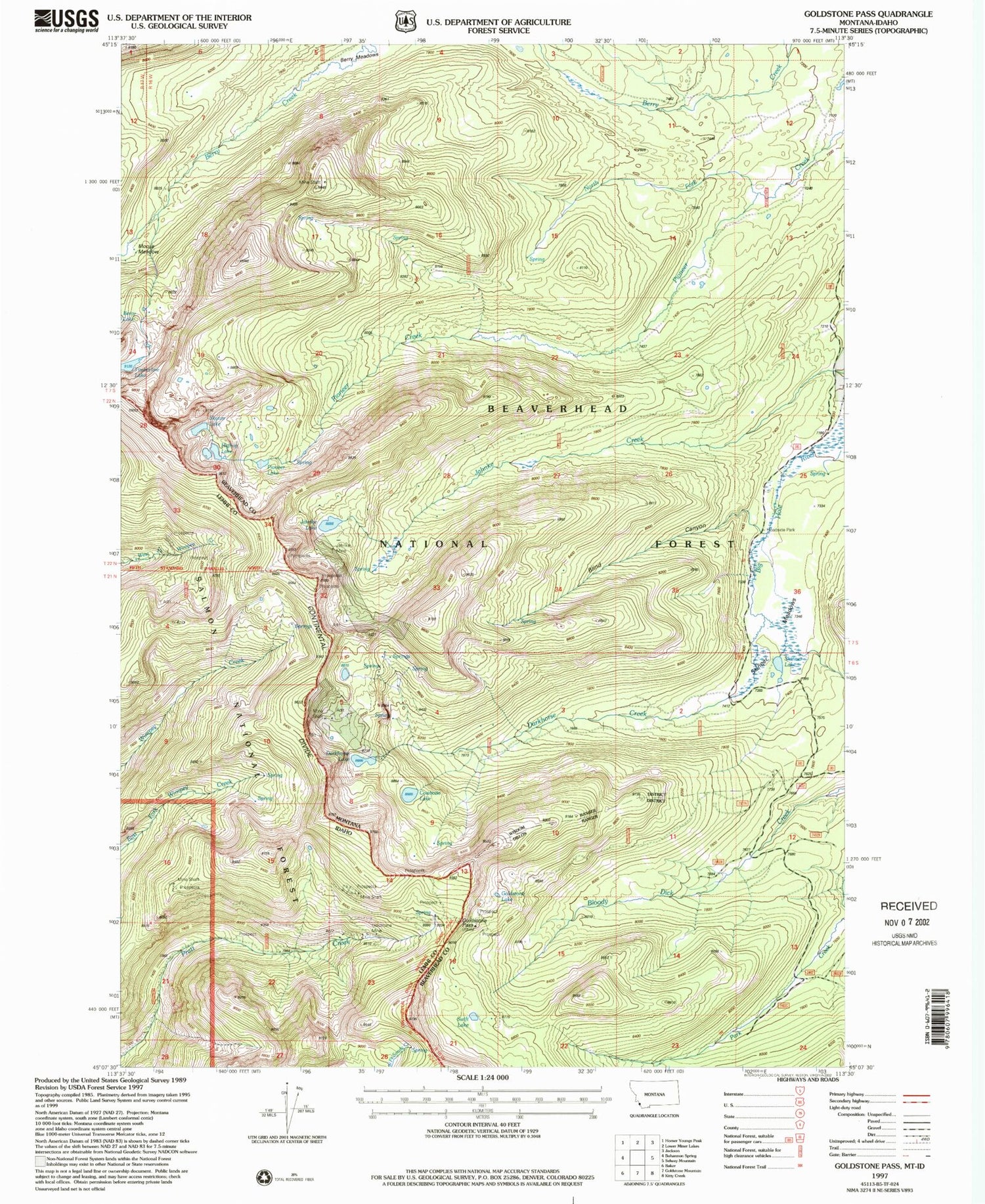 Classic USGS Goldstone Pass Montana 7.5'x7.5' Topo Map Image