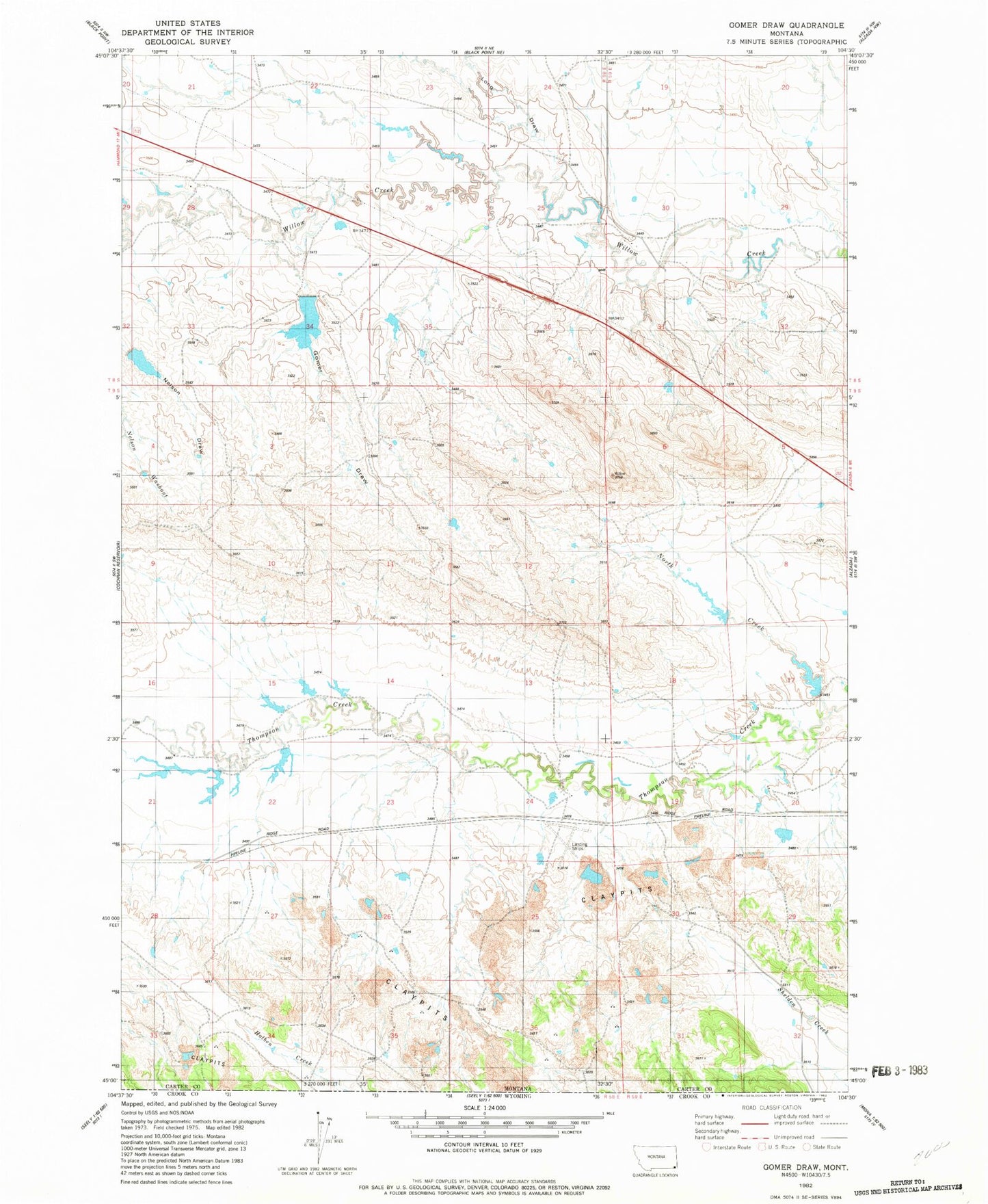 Classic USGS Gomer Draw Montana 7.5'x7.5' Topo Map Image
