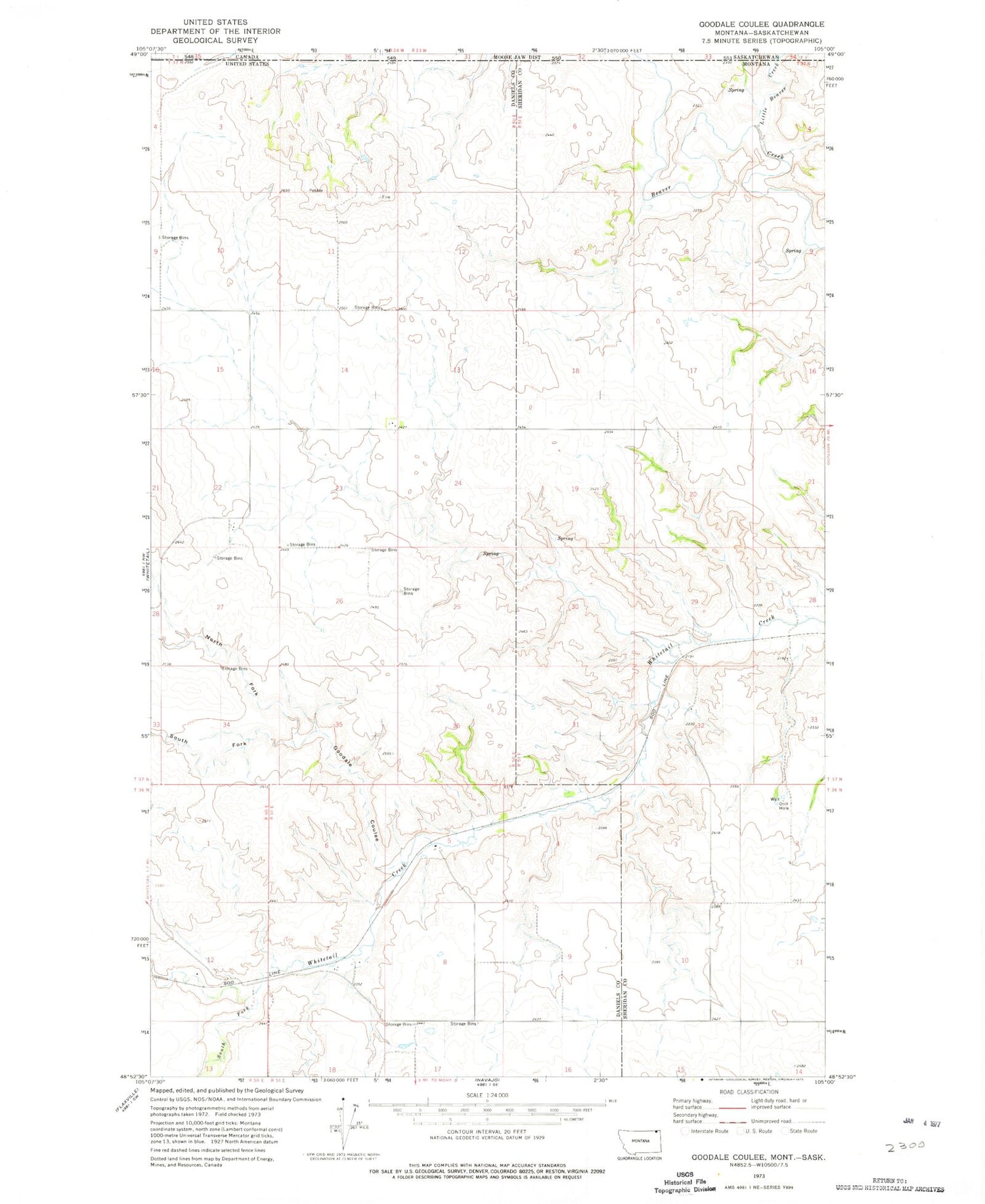 Classic USGS Goodale Coulee Montana 7.5'x7.5' Topo Map Image