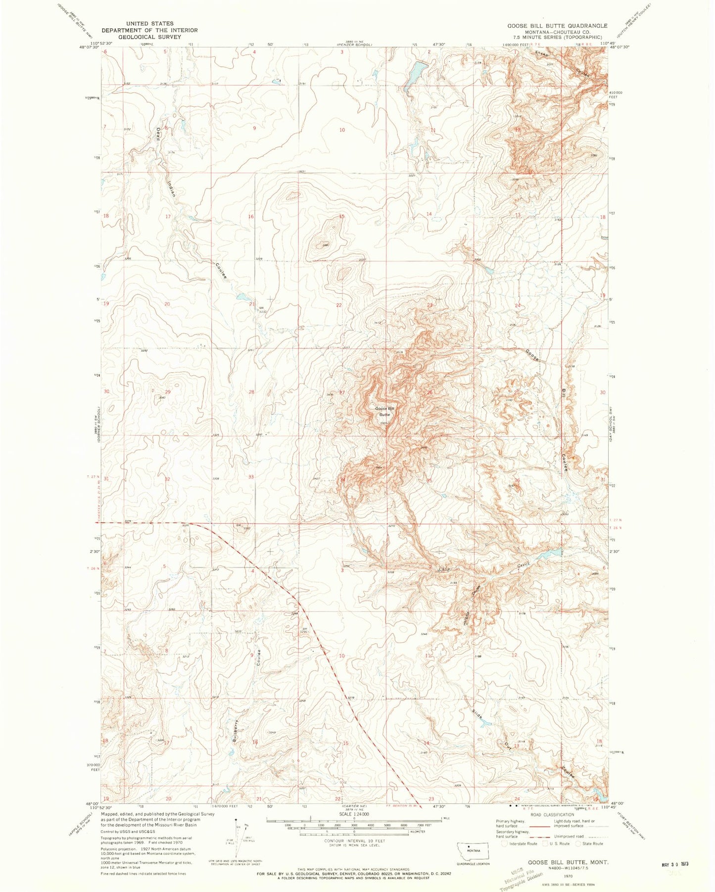 Classic USGS Goose Bill Butte Montana 7.5'x7.5' Topo Map Image