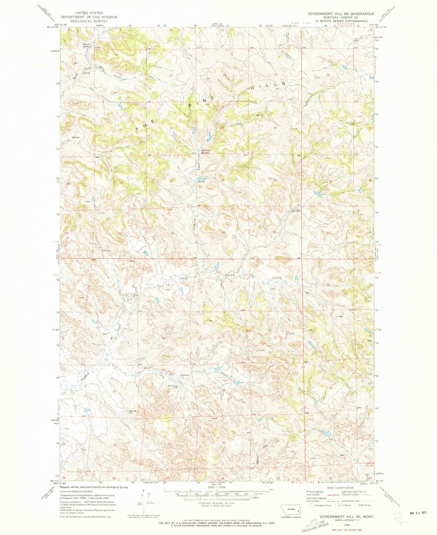 Classic USGS Government Hill SE Montana 7.5'x7.5' Topo Map Image