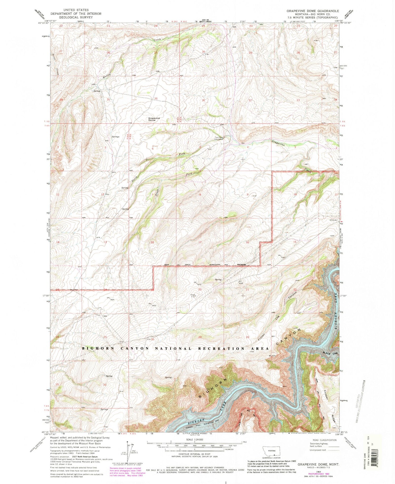 Classic USGS Grapevine Dome Montana 7.5'x7.5' Topo Map Image