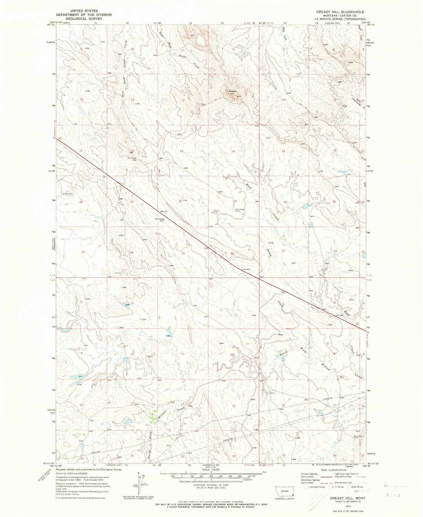 Classic USGS Greasy Hill Montana 7.5'x7.5' Topo Map Image
