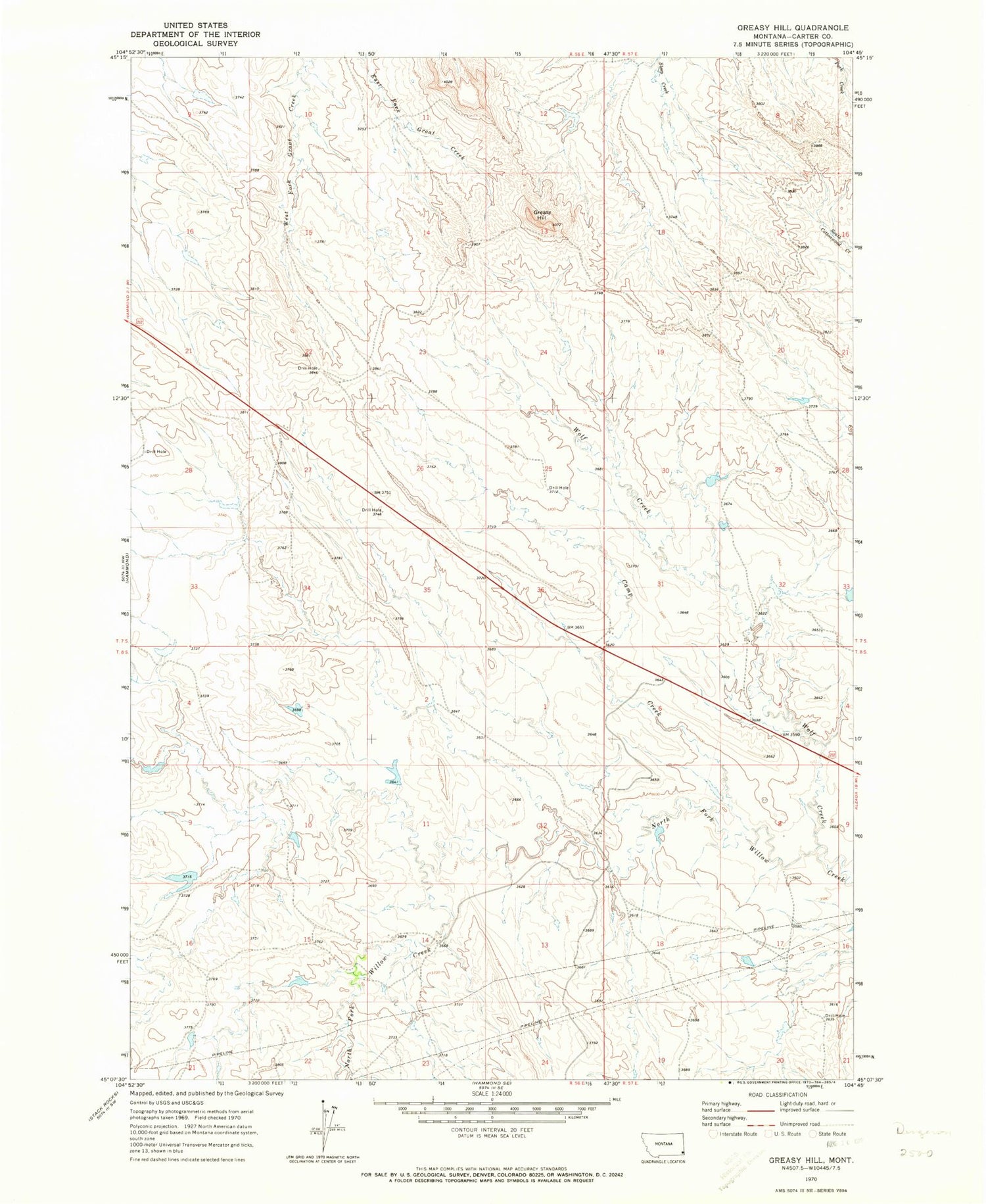 Classic USGS Greasy Hill Montana 7.5'x7.5' Topo Map Image