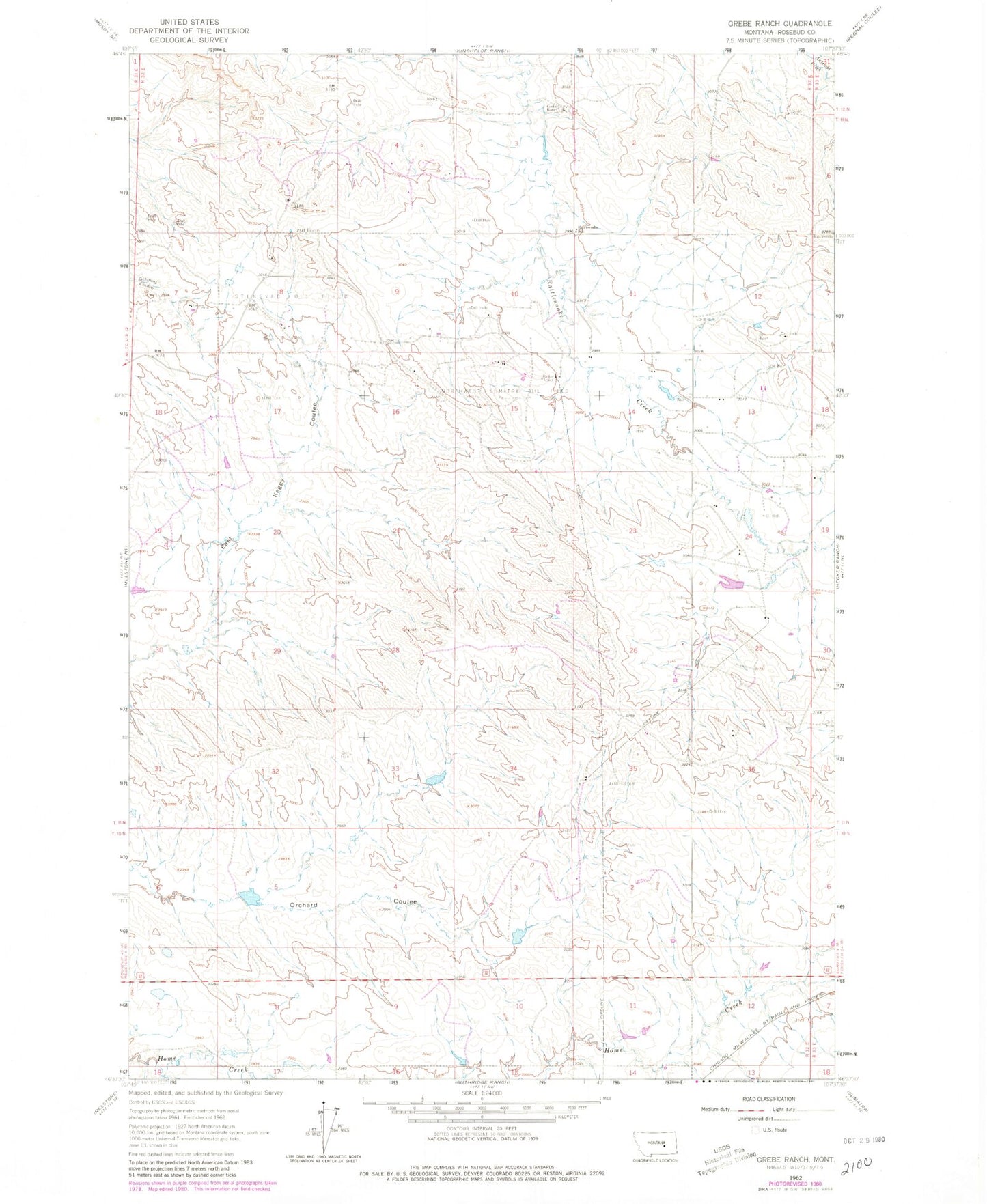 Classic USGS Grebe Ranch Montana 7.5'x7.5' Topo Map Image