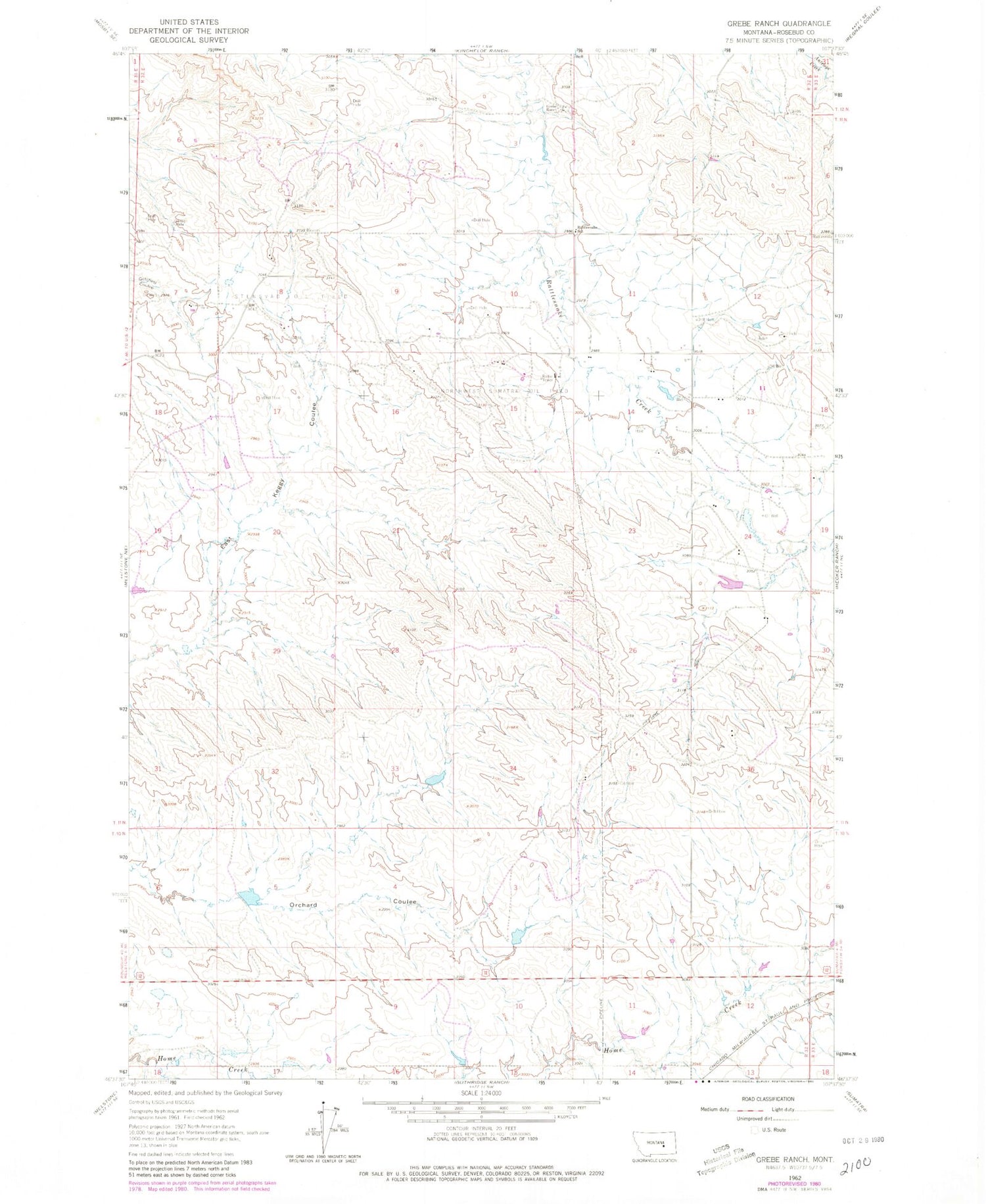Classic USGS Grebe Ranch Montana 7.5'x7.5' Topo Map Image
