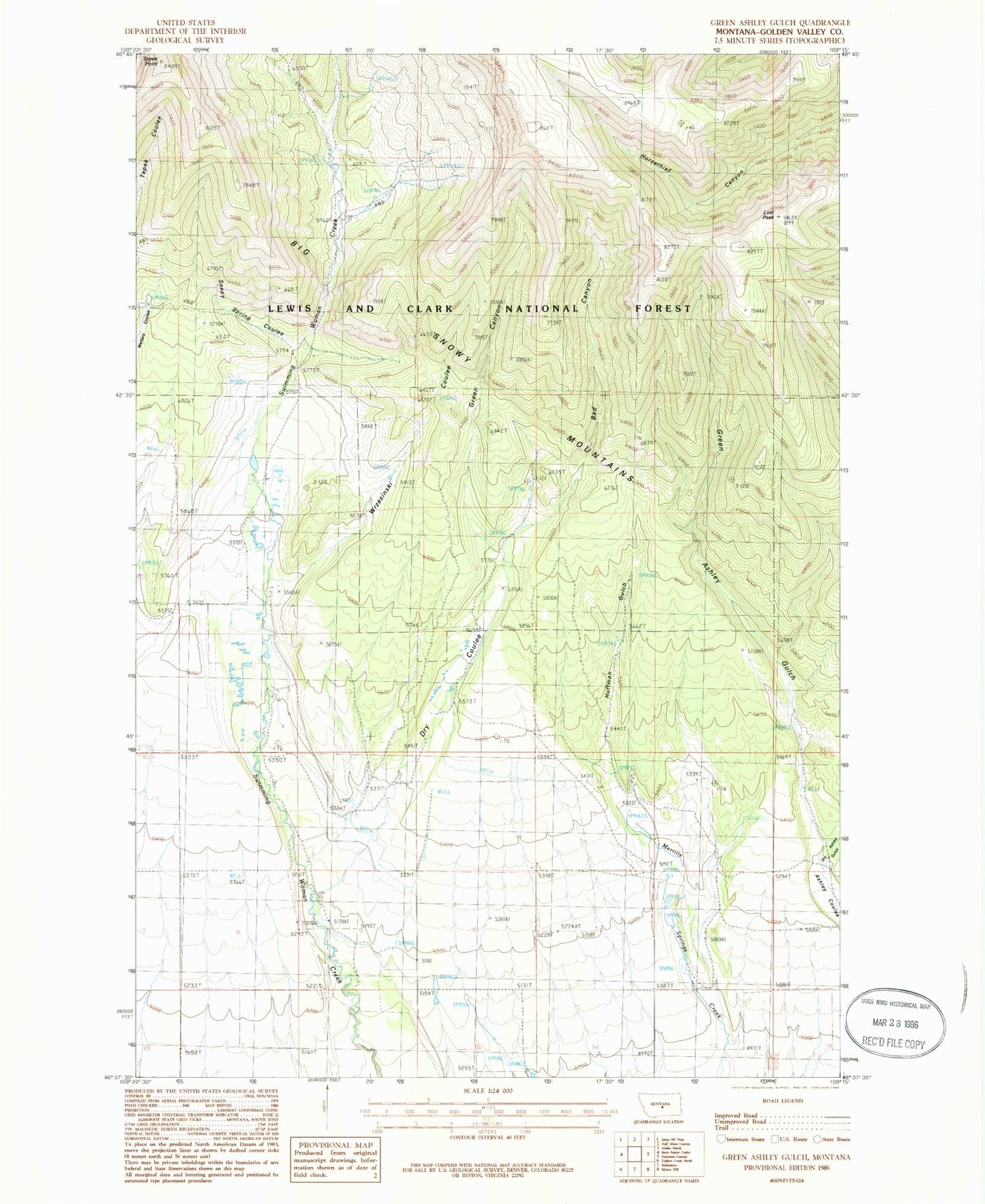Classic USGS Green Ashly Gulch Montana 7.5'x7.5' Topo Map Image