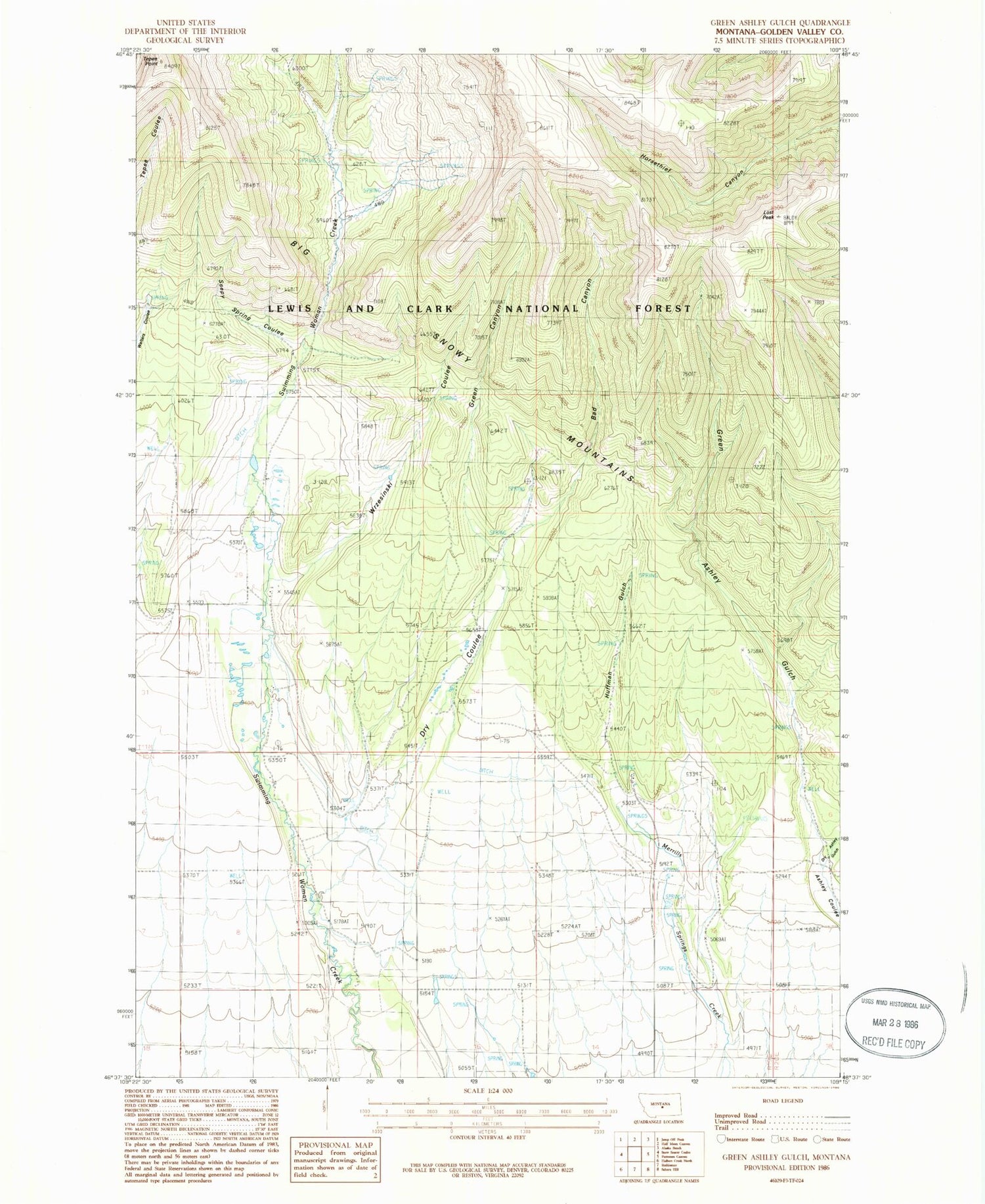 Classic USGS Green Ashly Gulch Montana 7.5'x7.5' Topo Map Image