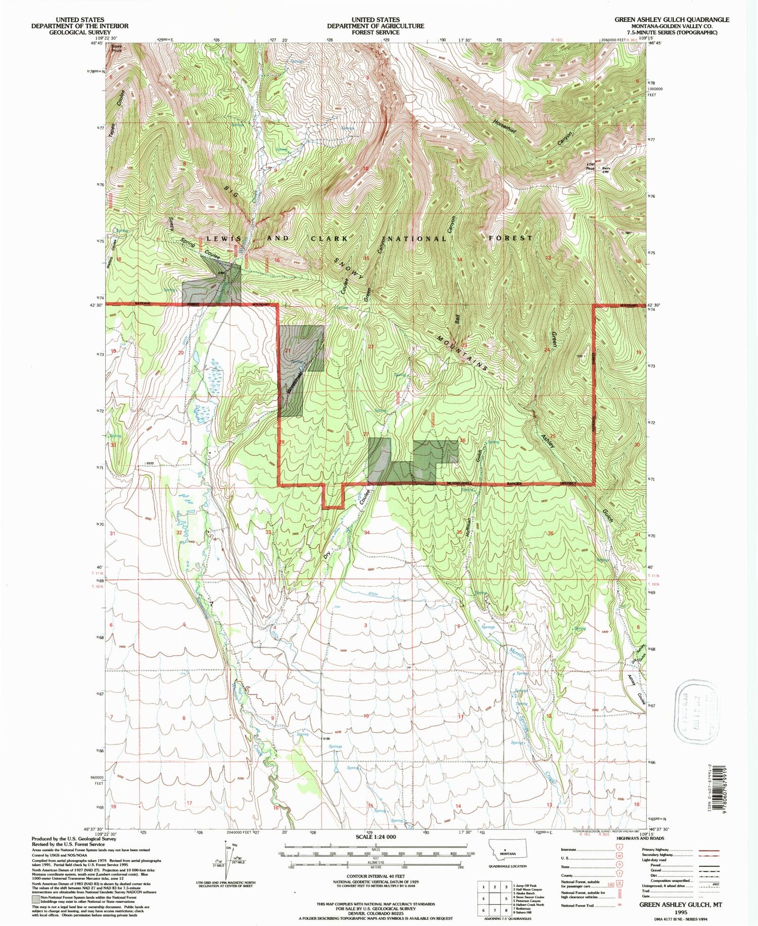Classic USGS Green Ashly Gulch Montana 7.5'x7.5' Topo Map Image