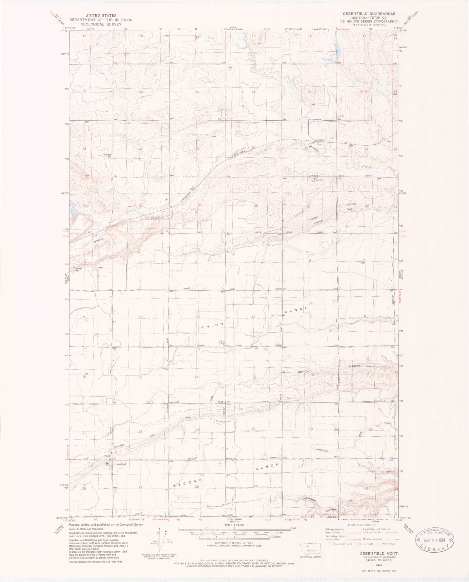 Classic USGS Greenfield Montana 7.5'x7.5' Topo Map Image
