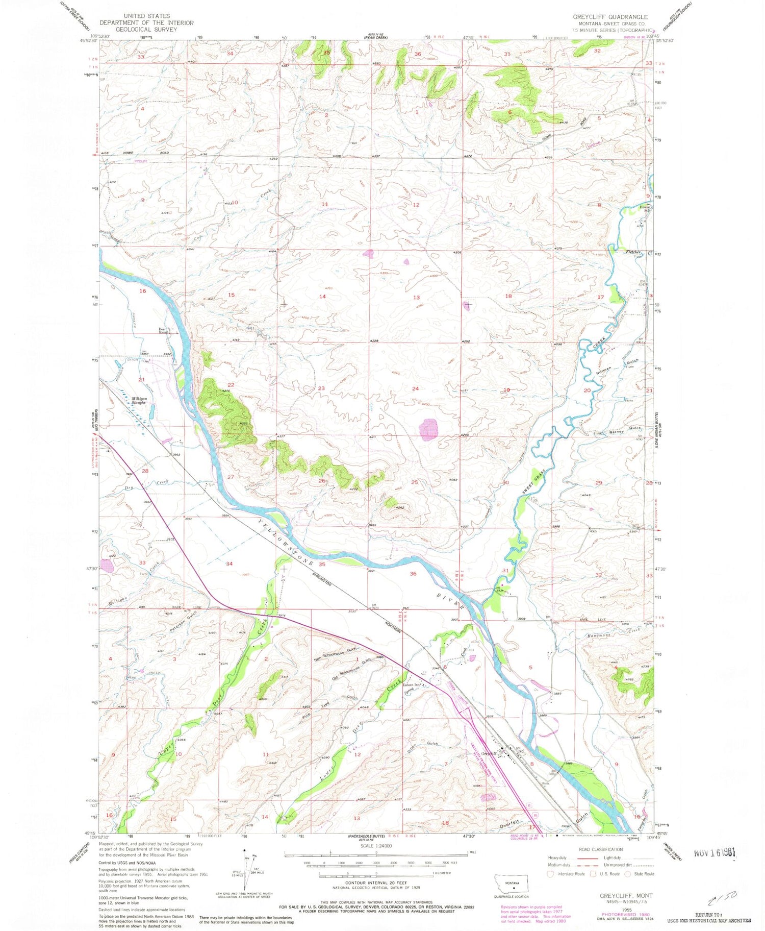 Classic USGS Greycliff Montana 7.5'x7.5' Topo Map Image