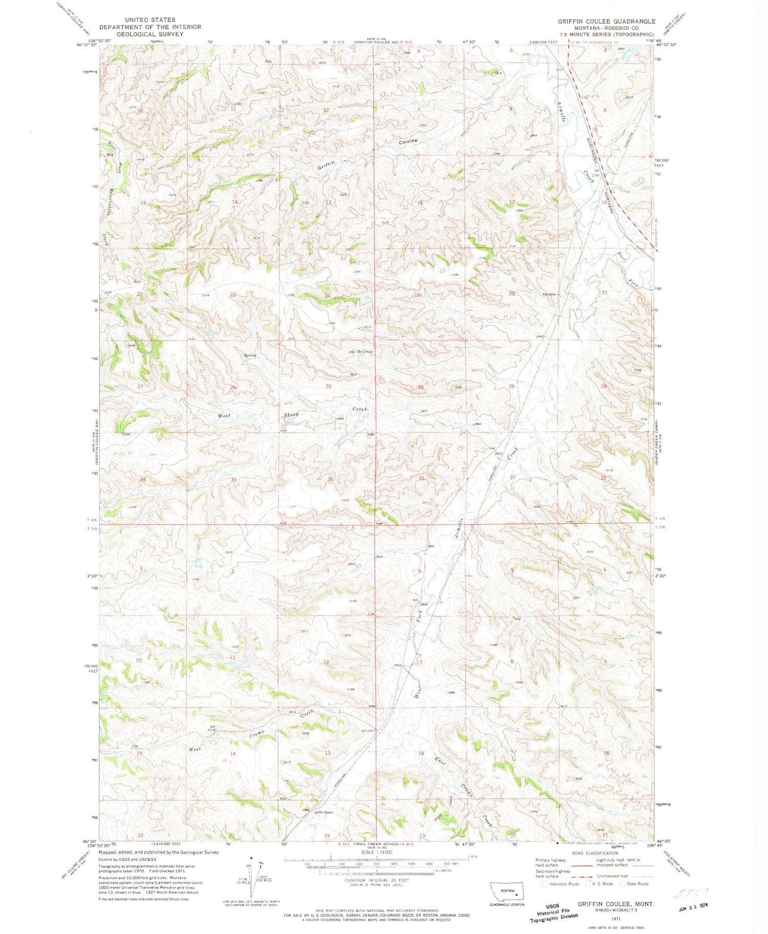 Classic USGS Griffin Coulee Montana 7.5'x7.5' Topo Map Image