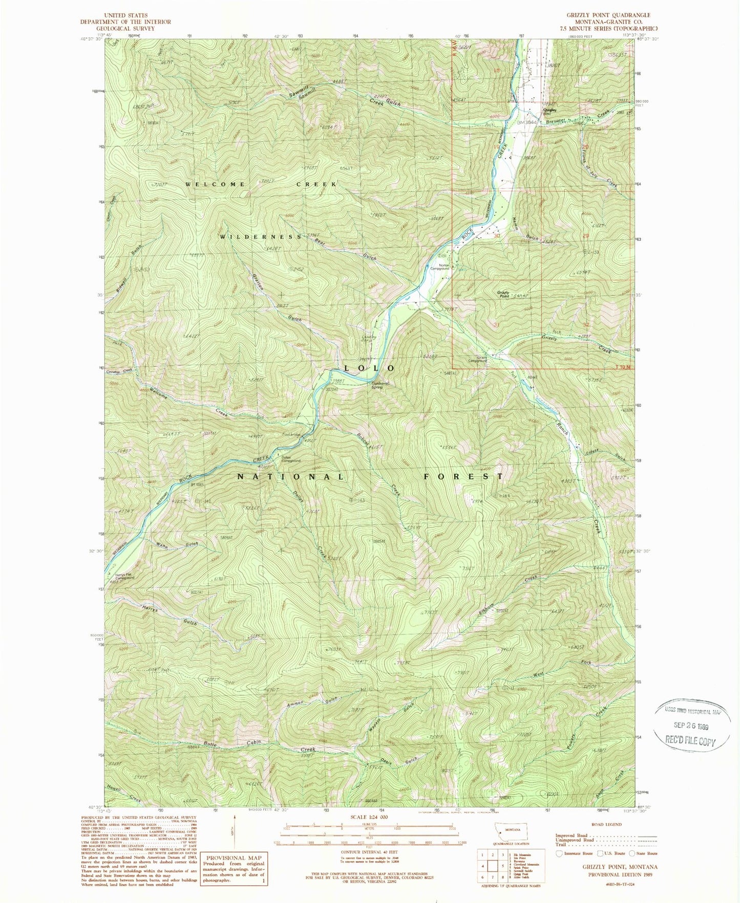 Classic USGS Grizzly Point Montana 7.5'x7.5' Topo Map Image