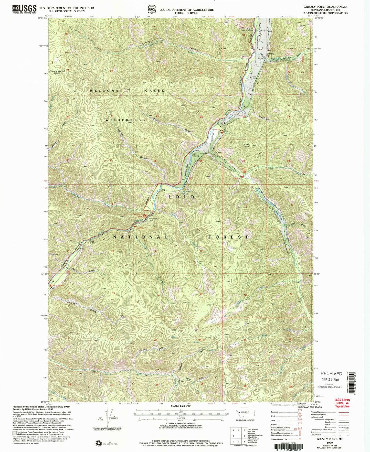 Classic USGS Grizzly Point Montana 7.5'x7.5' Topo Map Image