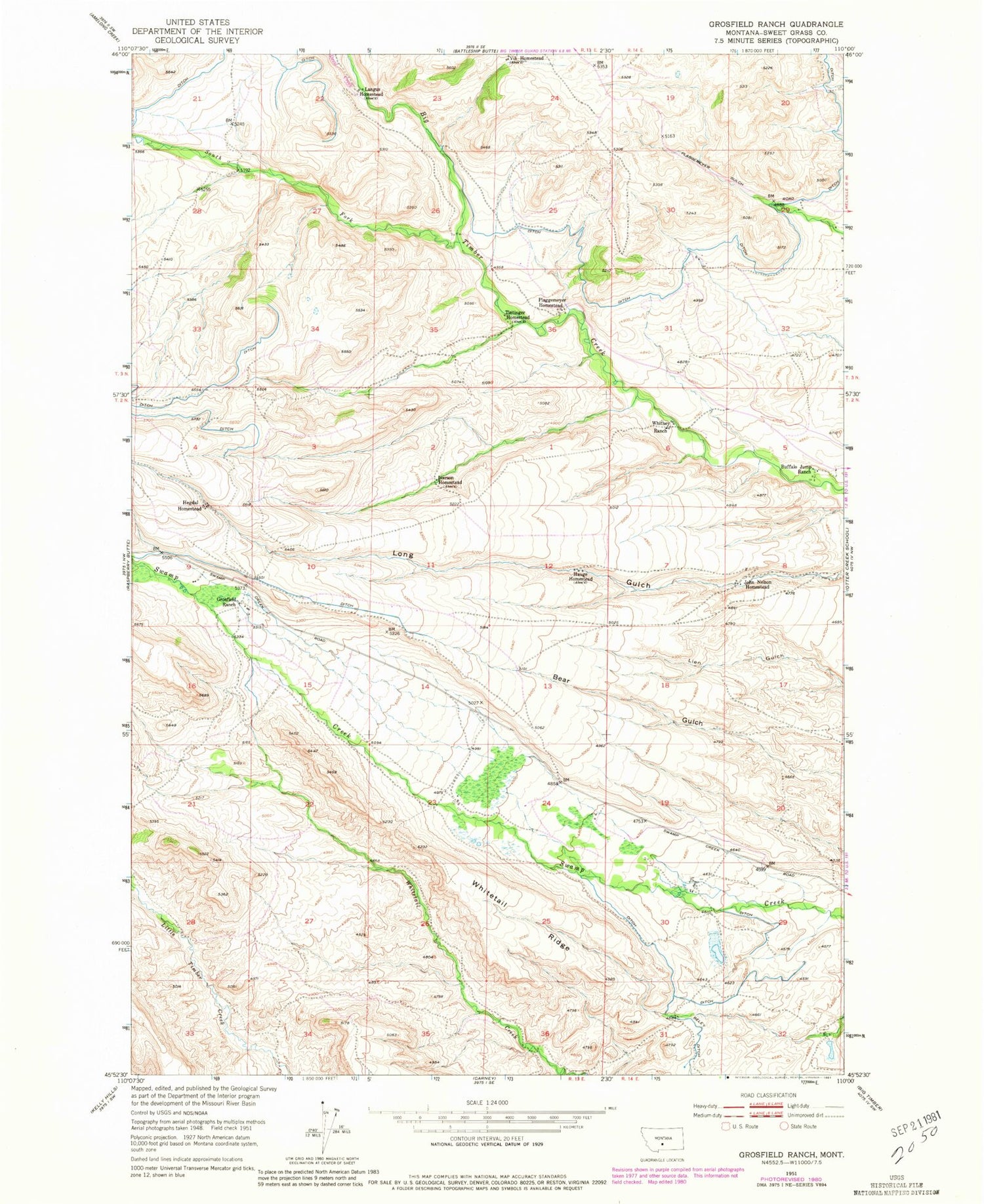 Classic USGS Grosfield Ranch Montana 7.5'x7.5' Topo Map Image