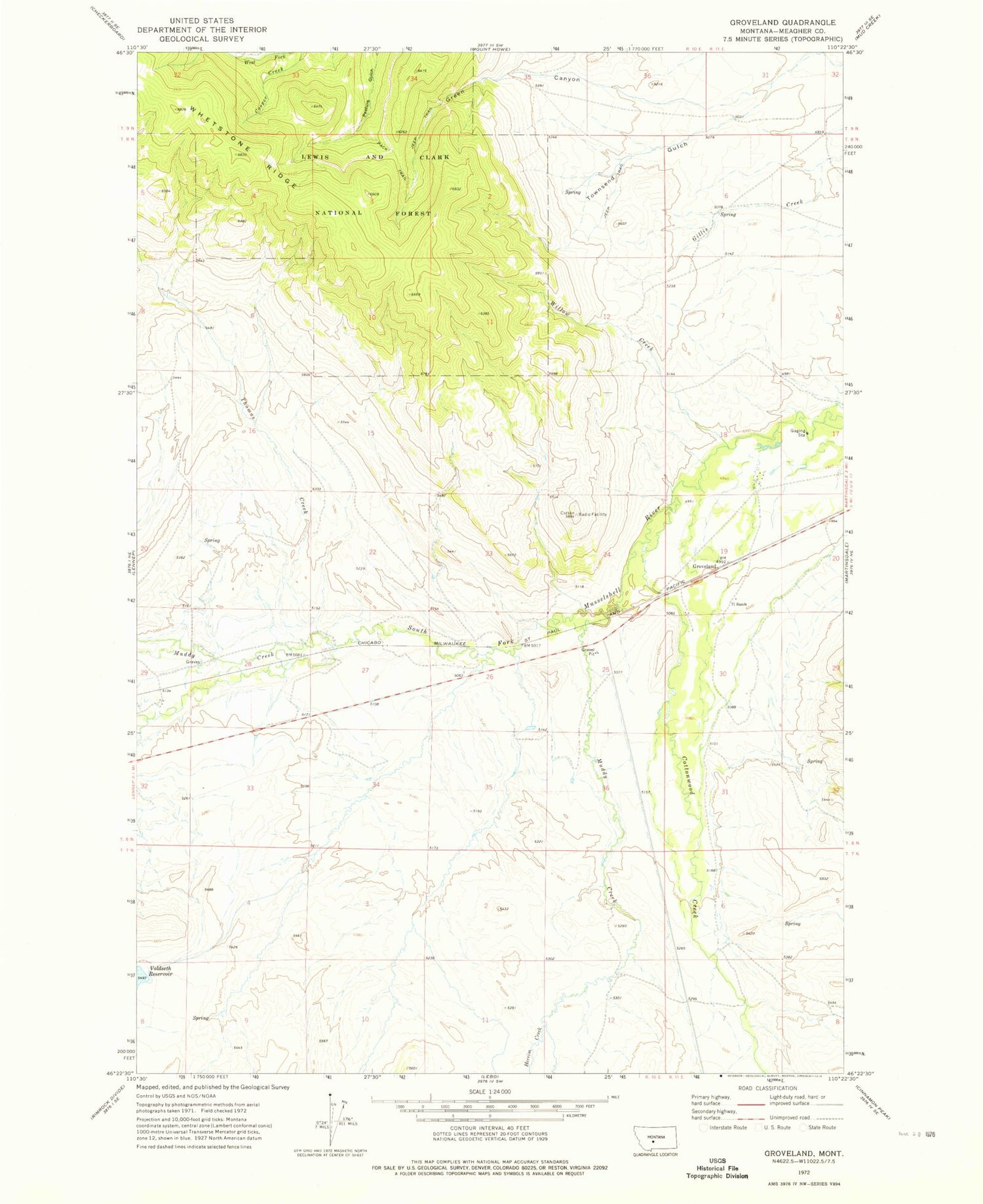 Classic USGS Groveland Montana 7.5'x7.5' Topo Map Image