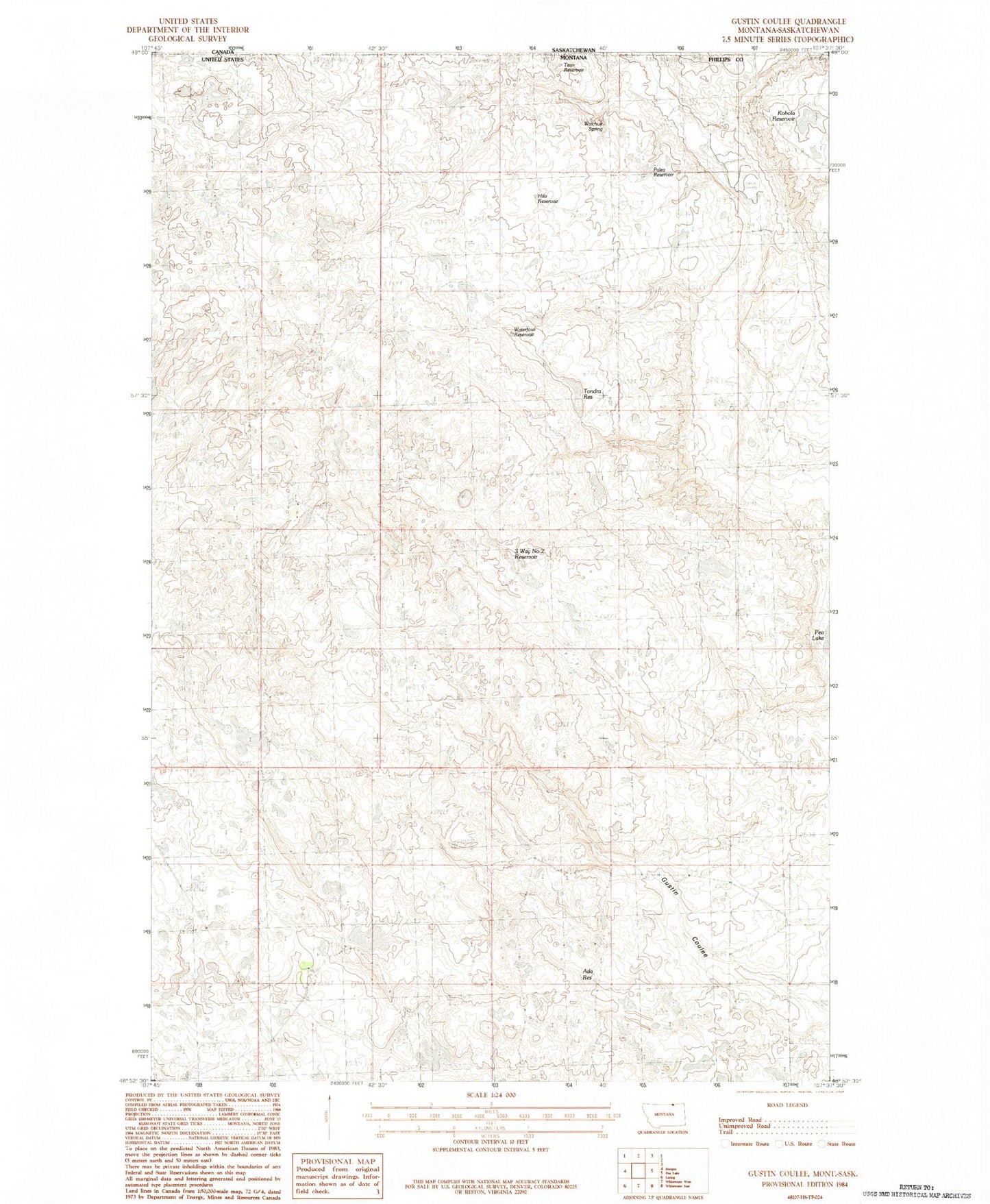 Classic USGS Gustin Coulee Montana 7.5'x7.5' Topo Map Image