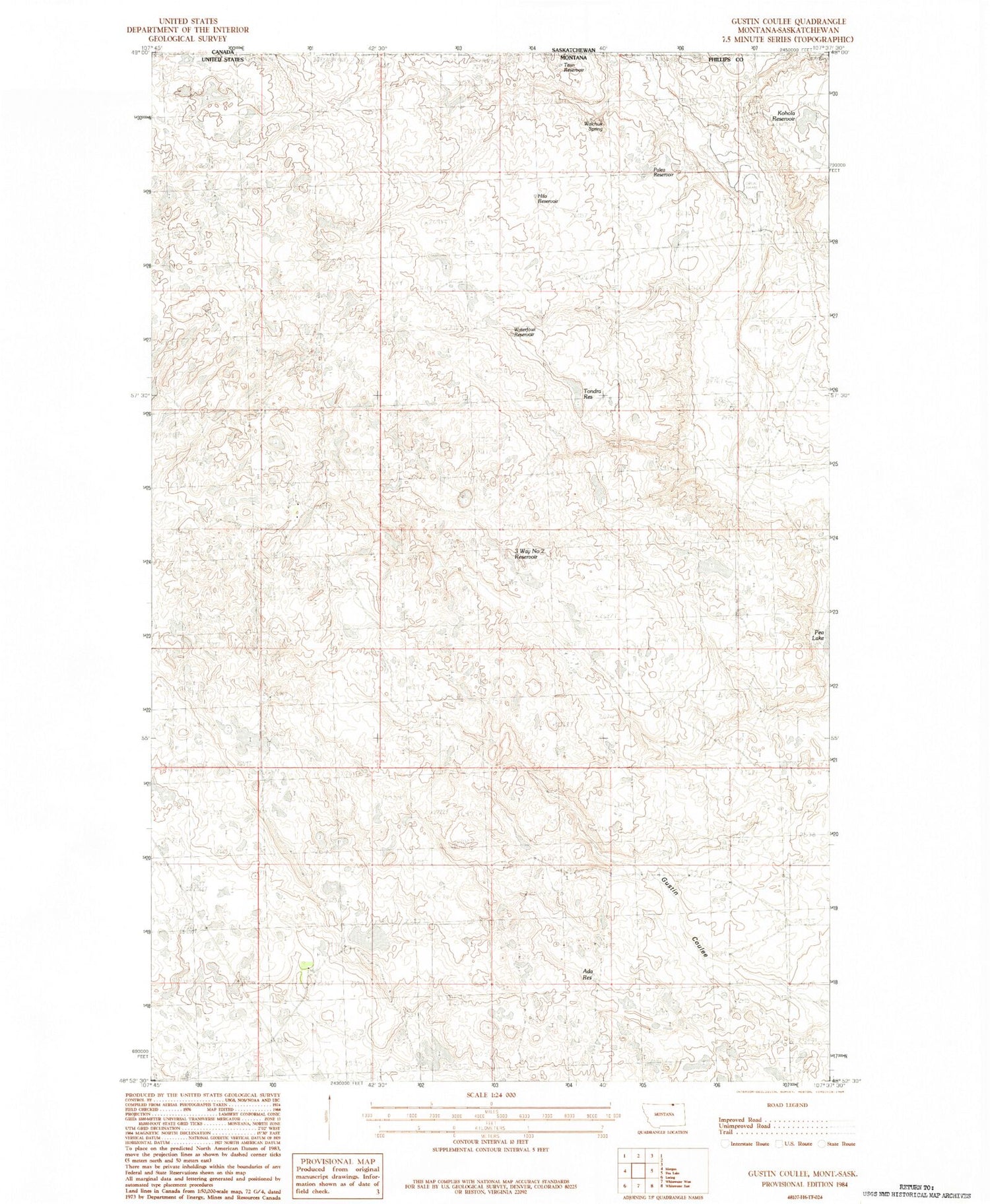 Classic USGS Gustin Coulee Montana 7.5'x7.5' Topo Map Image