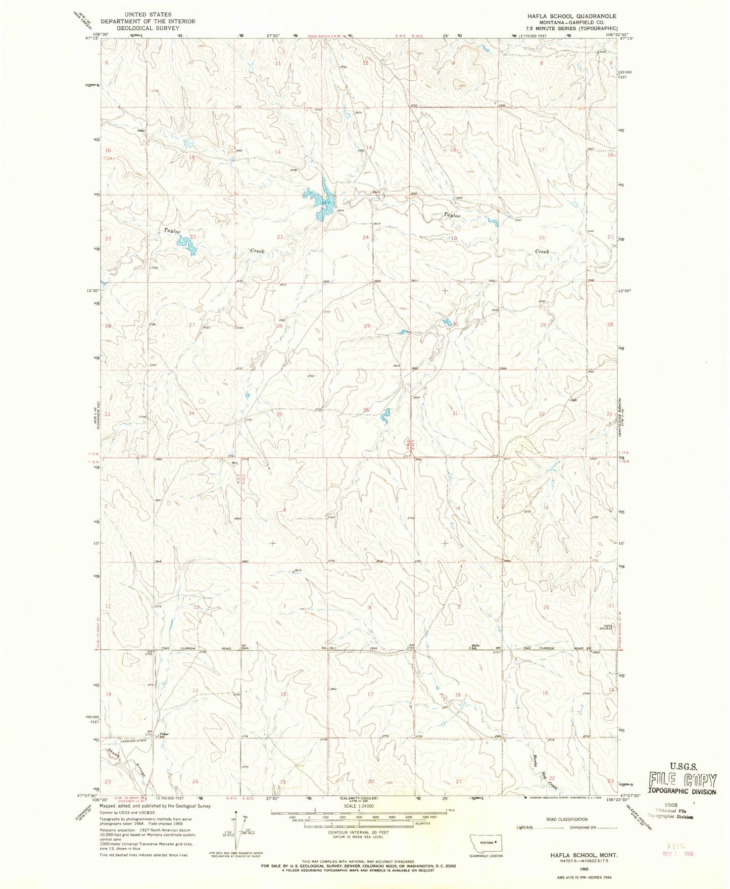 Classic USGS Hafla School Montana 7.5'x7.5' Topo Map Image