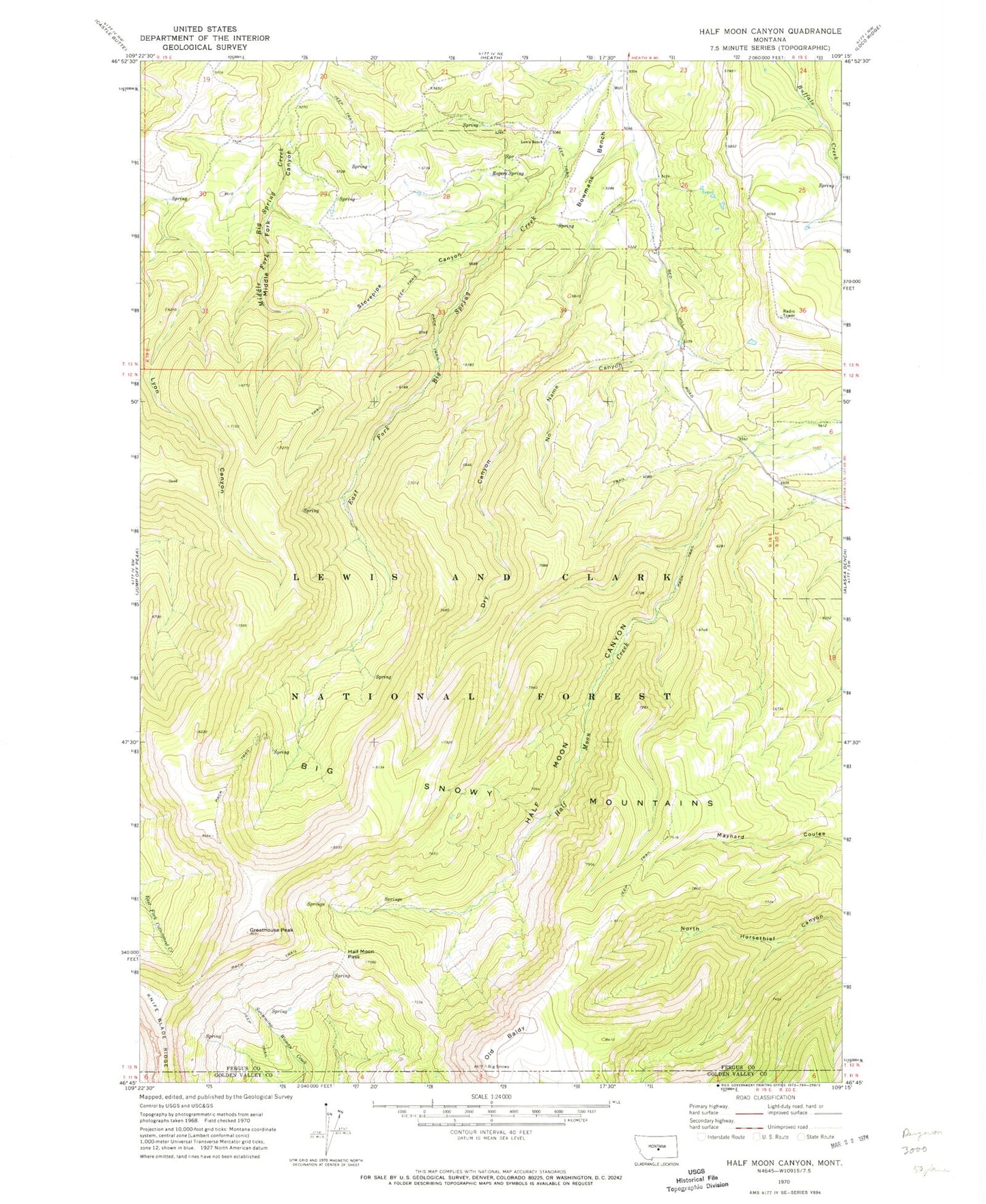 Classic USGS Half Moon Canyon Montana 7.5'x7.5' Topo Map Image