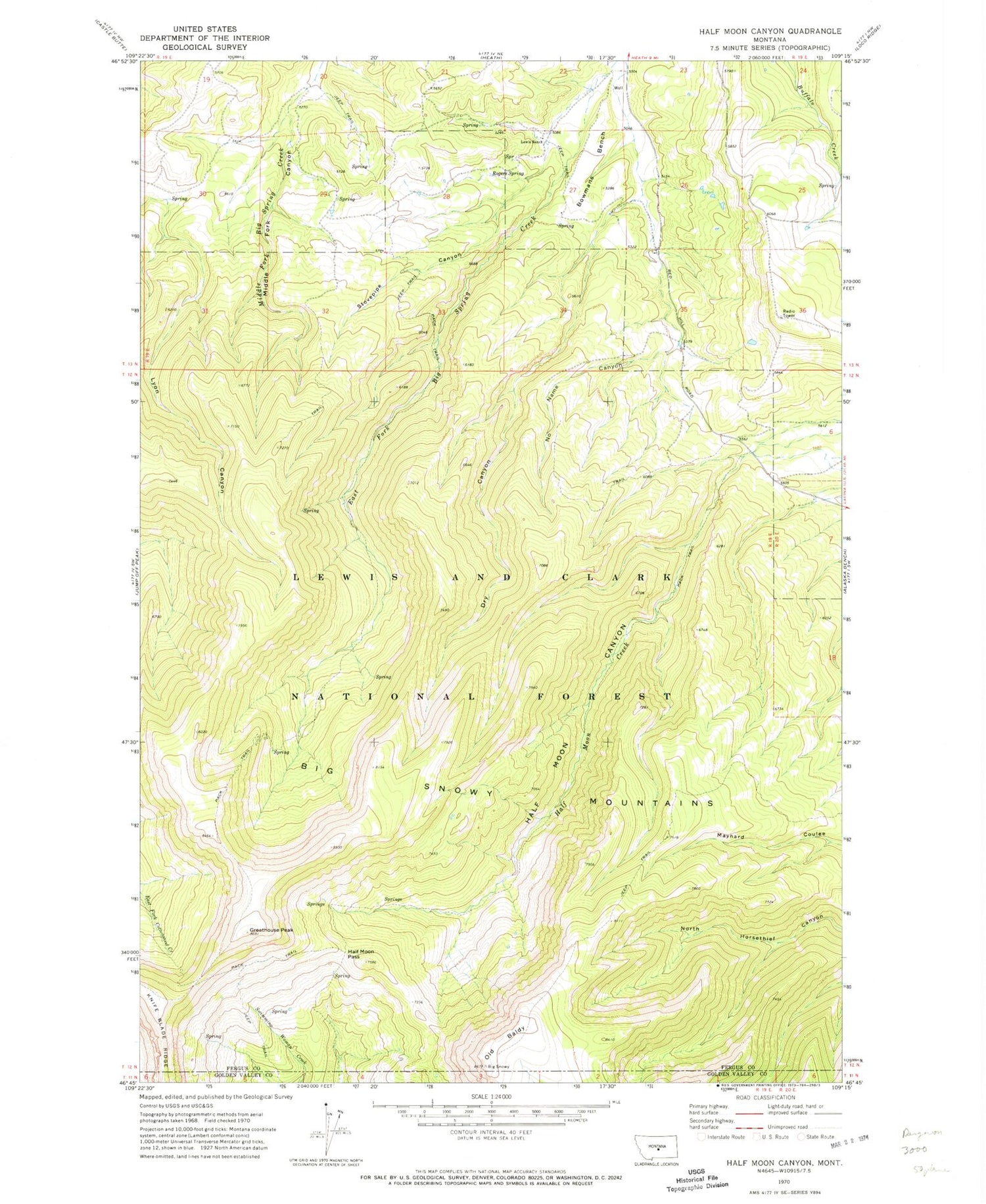 Classic USGS Half Moon Canyon Montana 7.5'x7.5' Topo Map Image