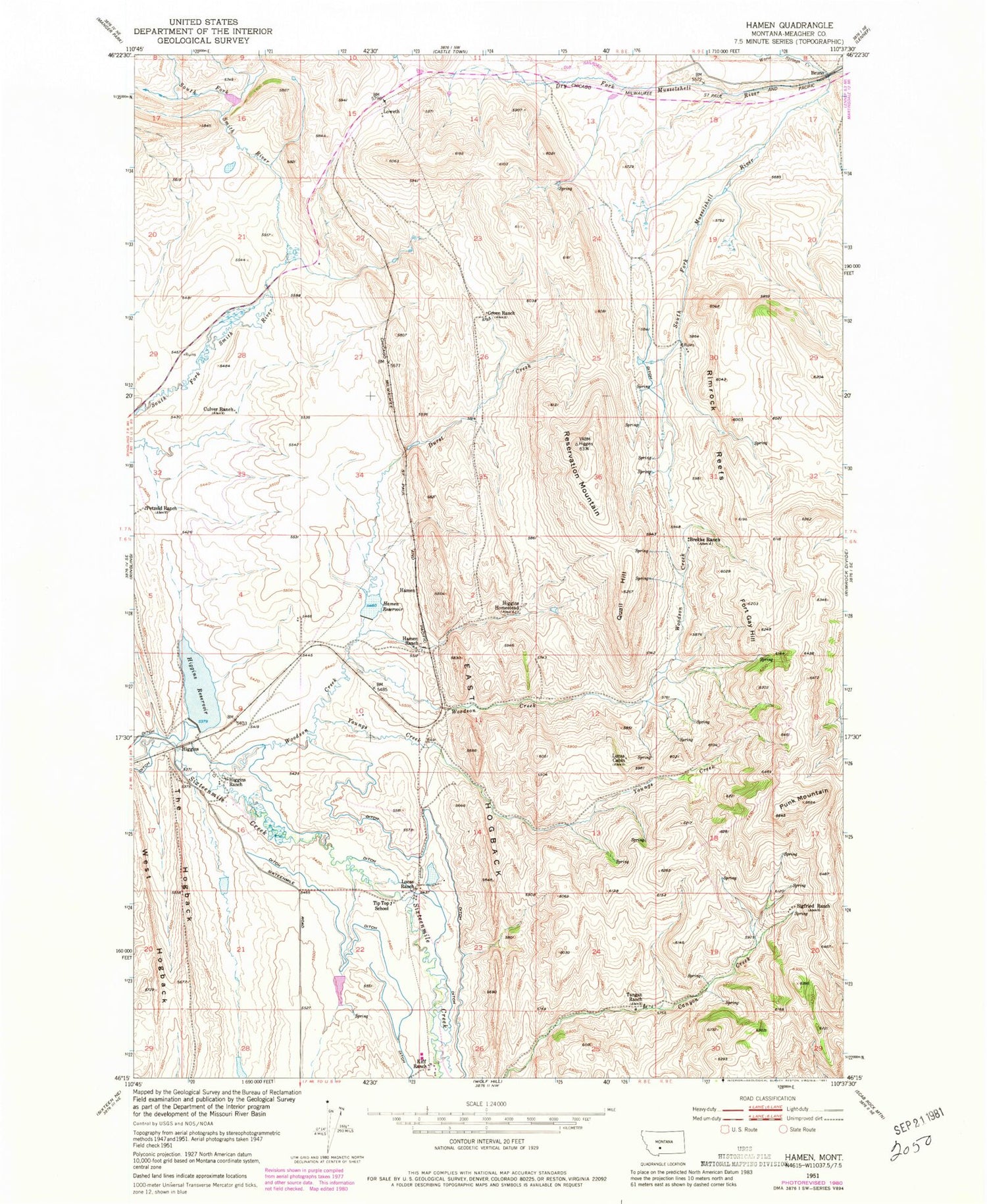 Classic USGS Hamen Montana 7.5'x7.5' Topo Map Image