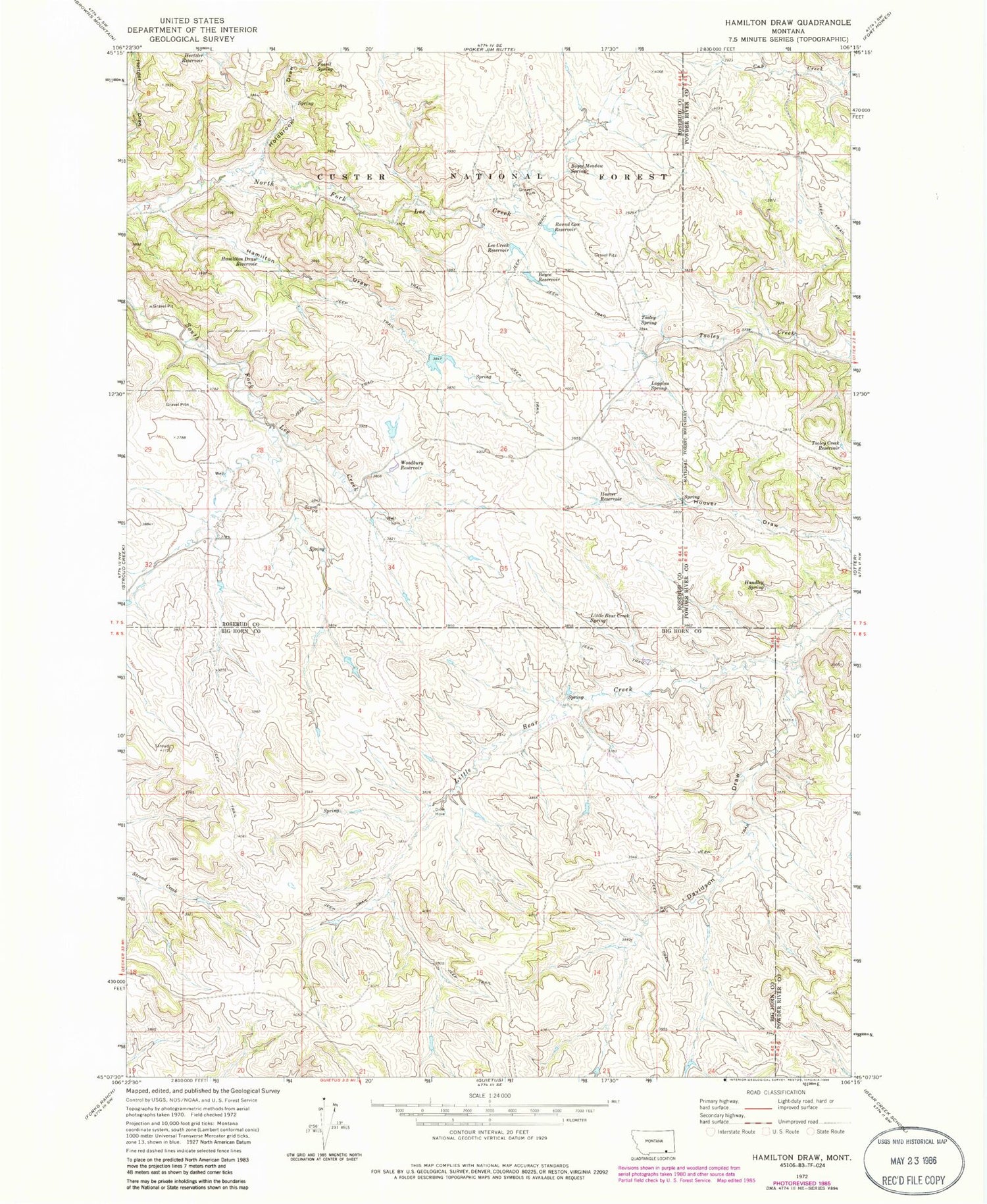 Classic USGS Hamilton Draw Montana 7.5'x7.5' Topo Map Image