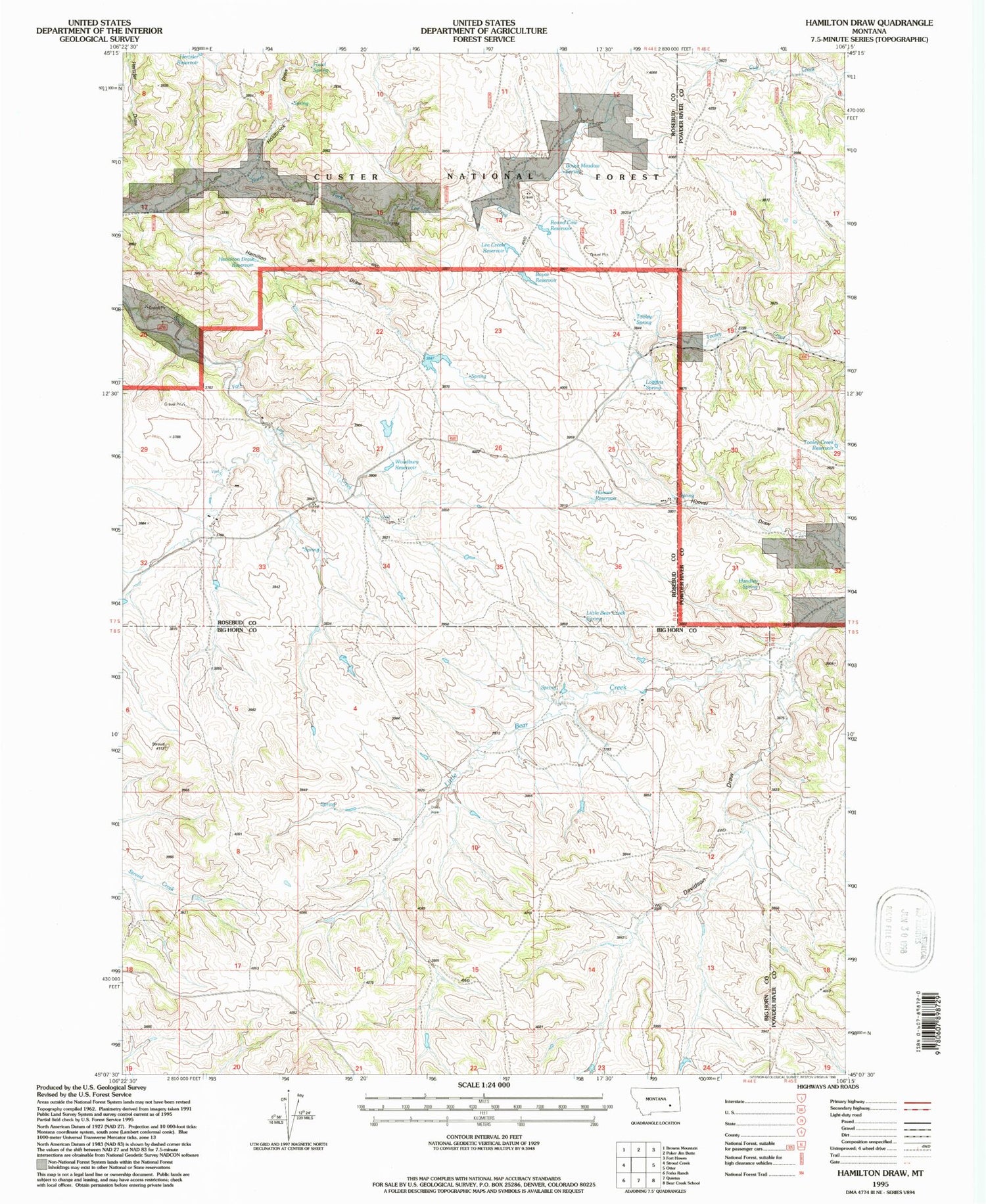 Classic USGS Hamilton Draw Montana 7.5'x7.5' Topo Map Image