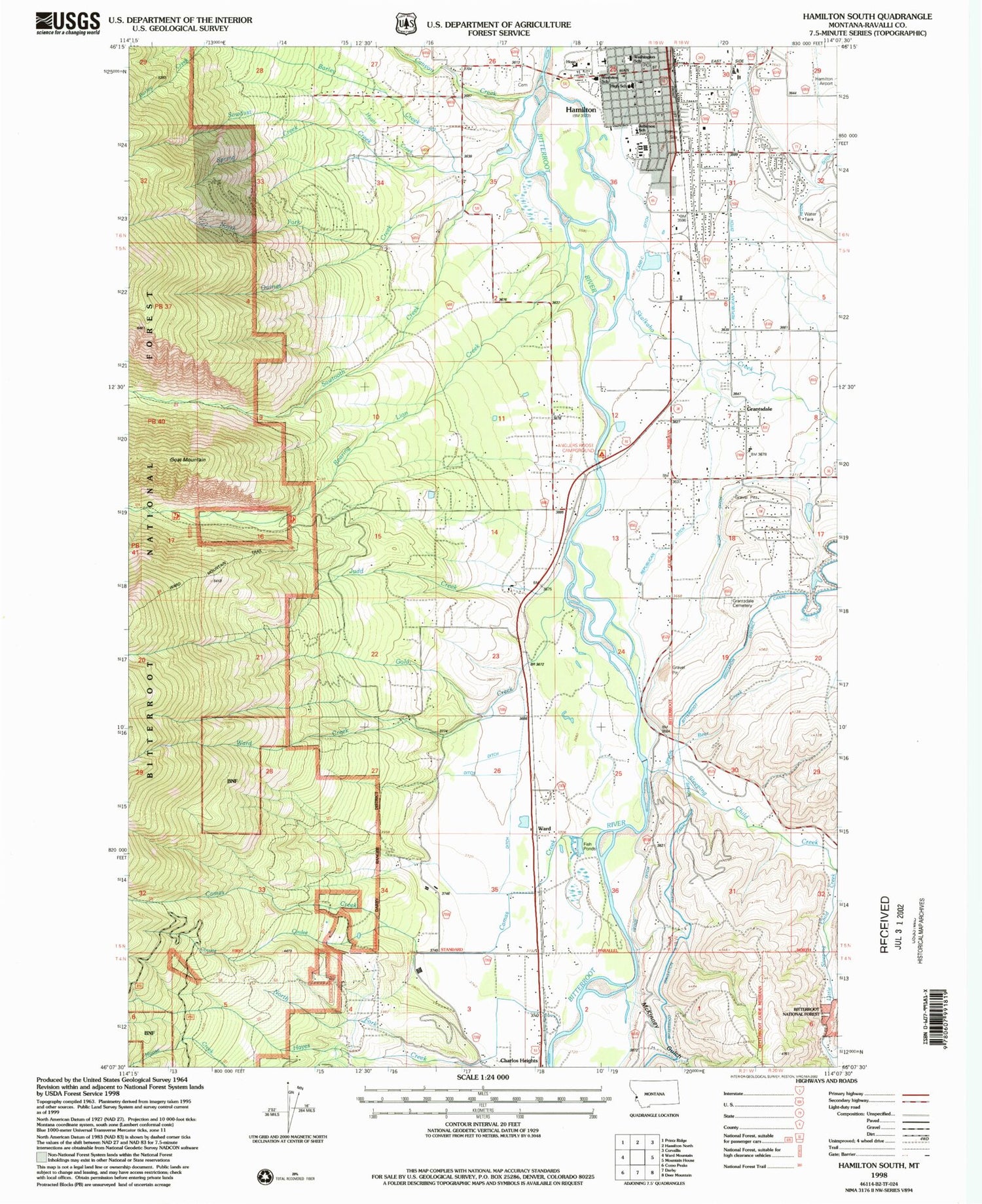 Classic USGS Hamilton South Montana 7.5'x7.5' Topo Map Image
