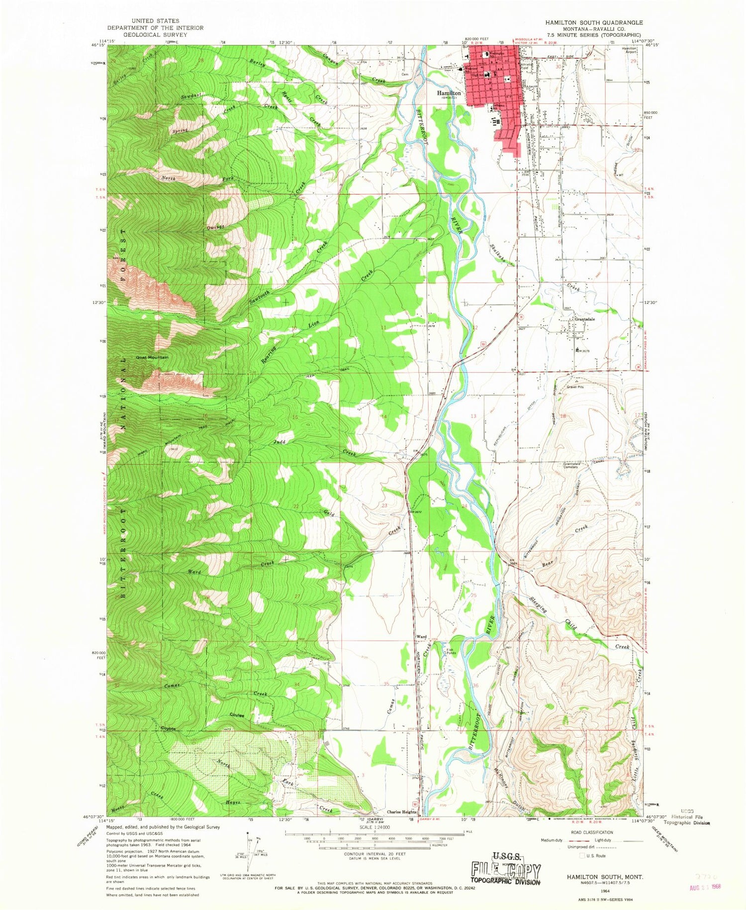 Classic USGS Hamilton South Montana 7.5'x7.5' Topo Map Image