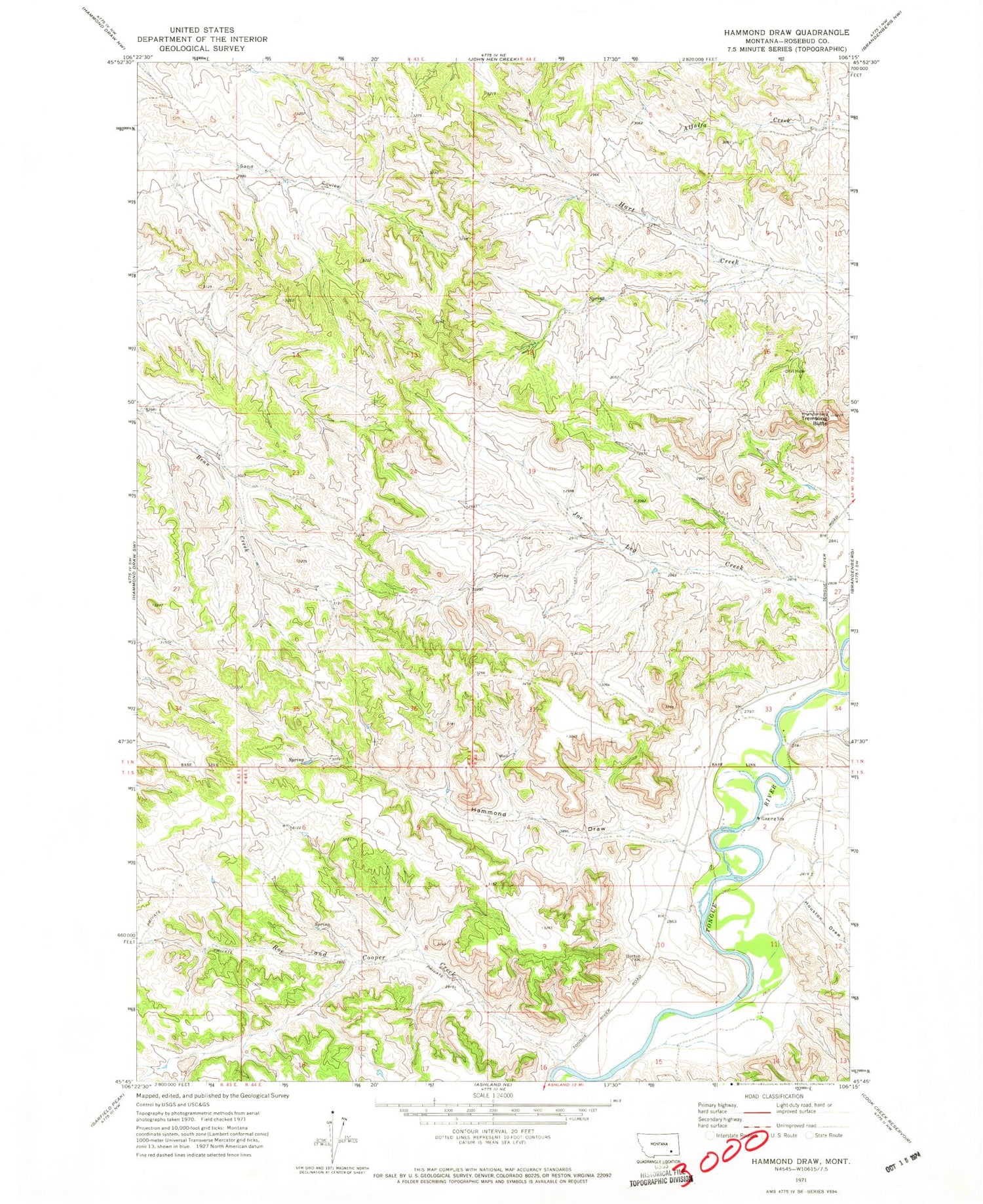 Classic USGS Hammond Draw Montana 7.5'x7.5' Topo Map Image