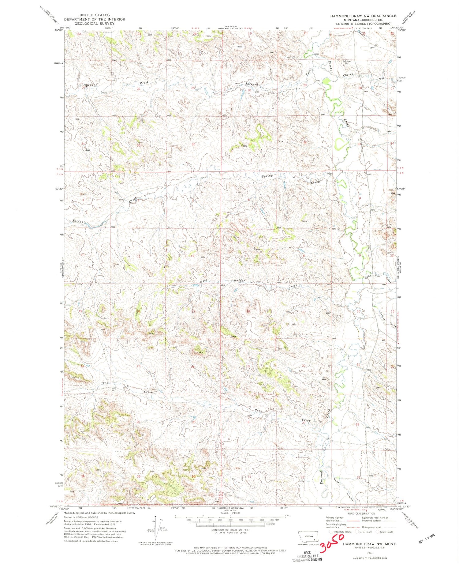 Classic USGS Hammond Draw NW Montana 7.5'x7.5' Topo Map Image
