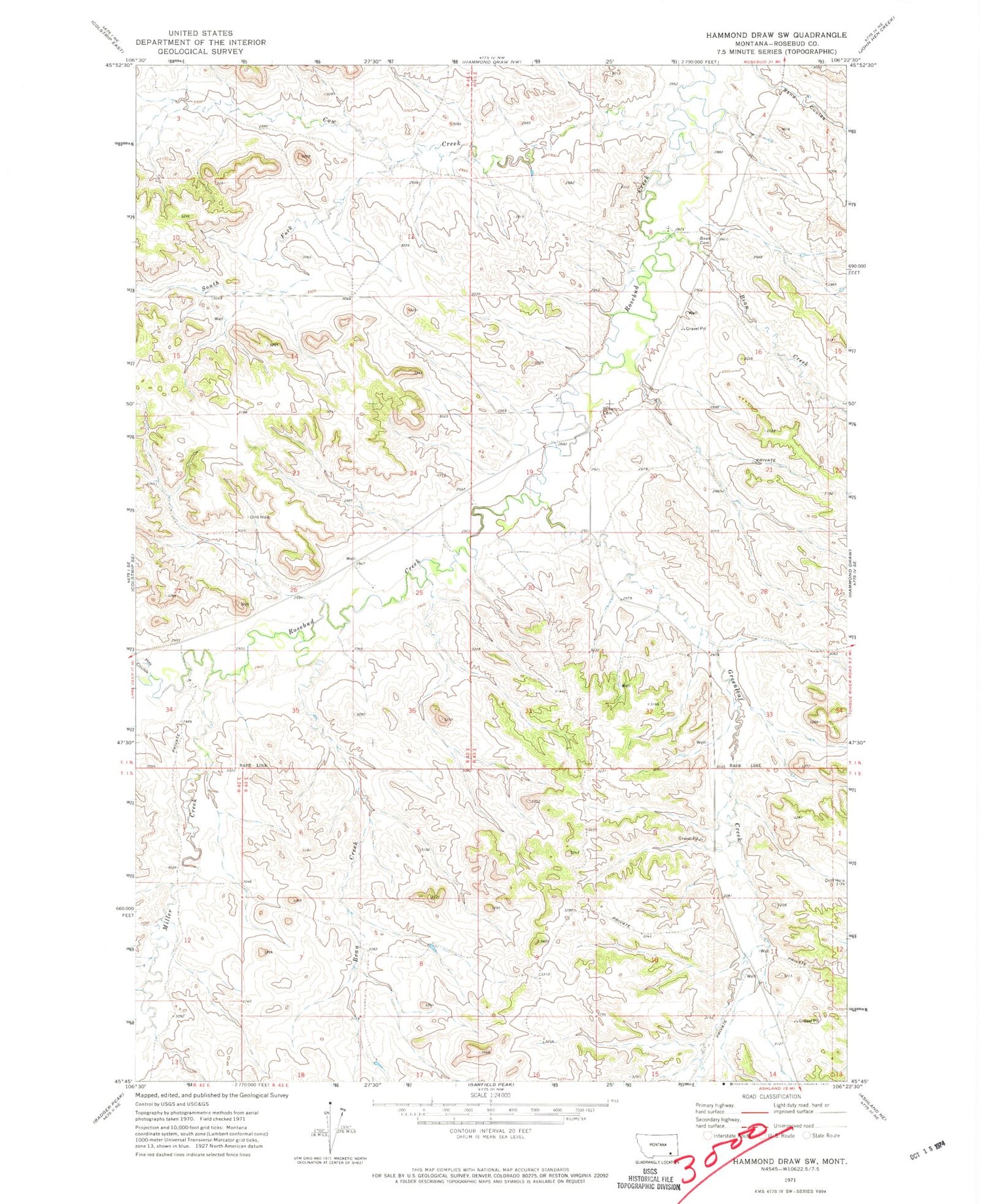 Classic USGS Hammond Draw SW Montana 7.5'x7.5' Topo Map Image