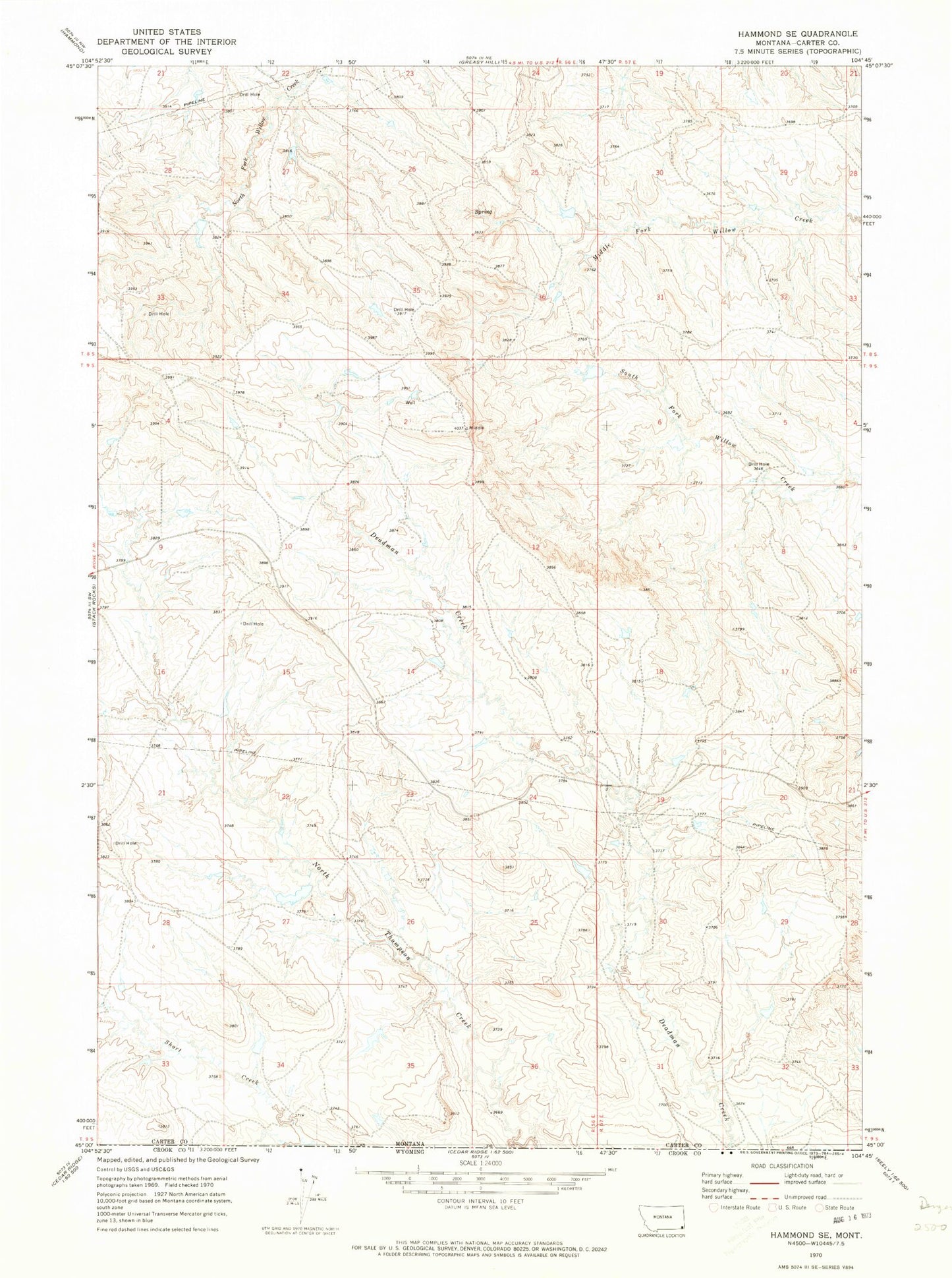 Classic USGS Hammond SE Montana 7.5'x7.5' Topo Map Image