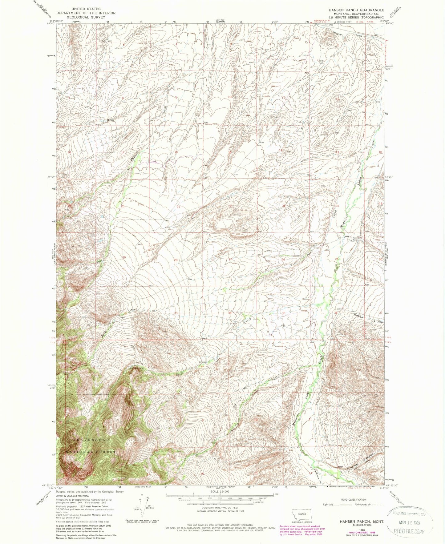 Classic USGS Hansen Ranch Montana 7.5'x7.5' Topo Map Image