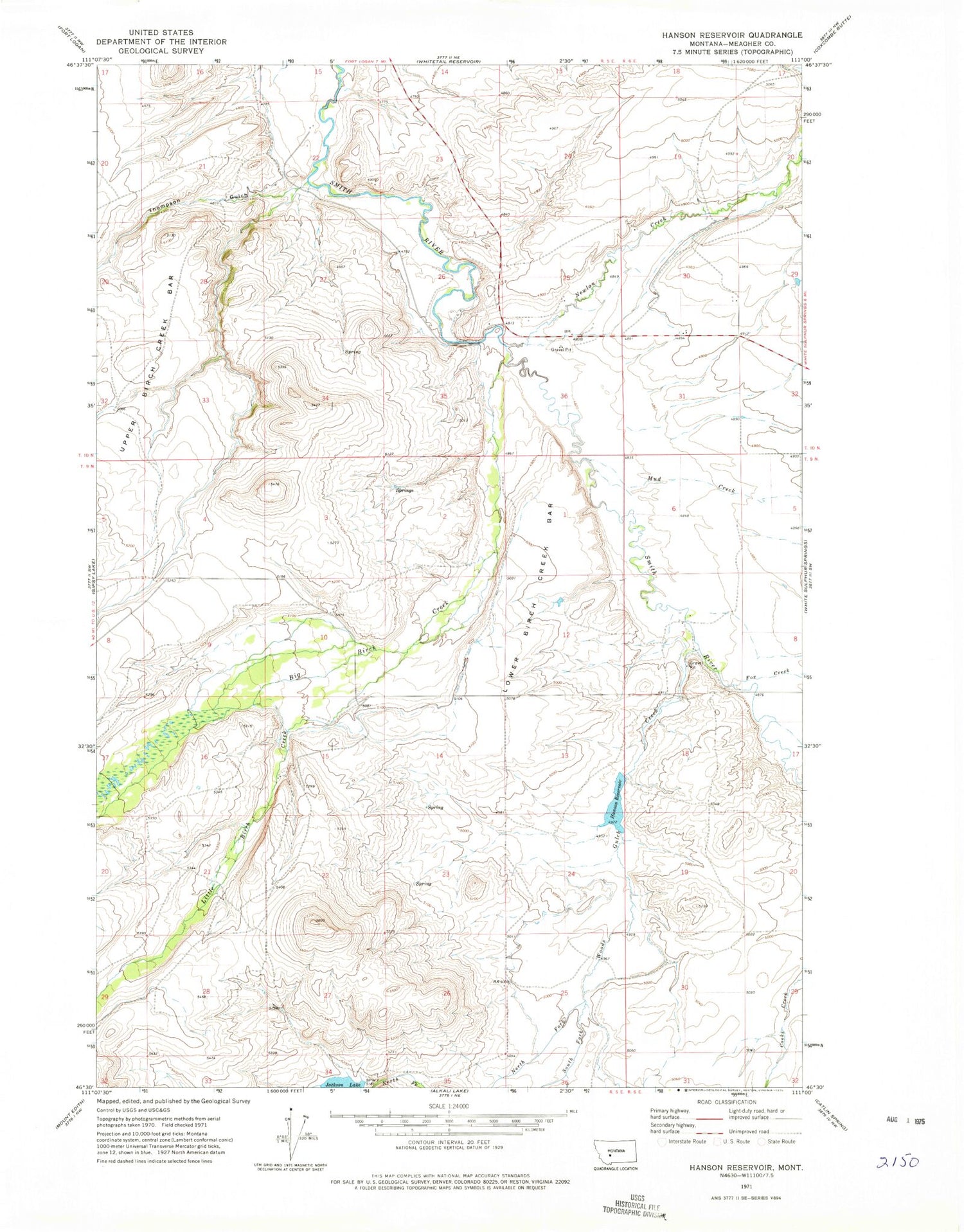 Classic USGS Hanson Reservoir Montana 7.5'x7.5' Topo Map Image