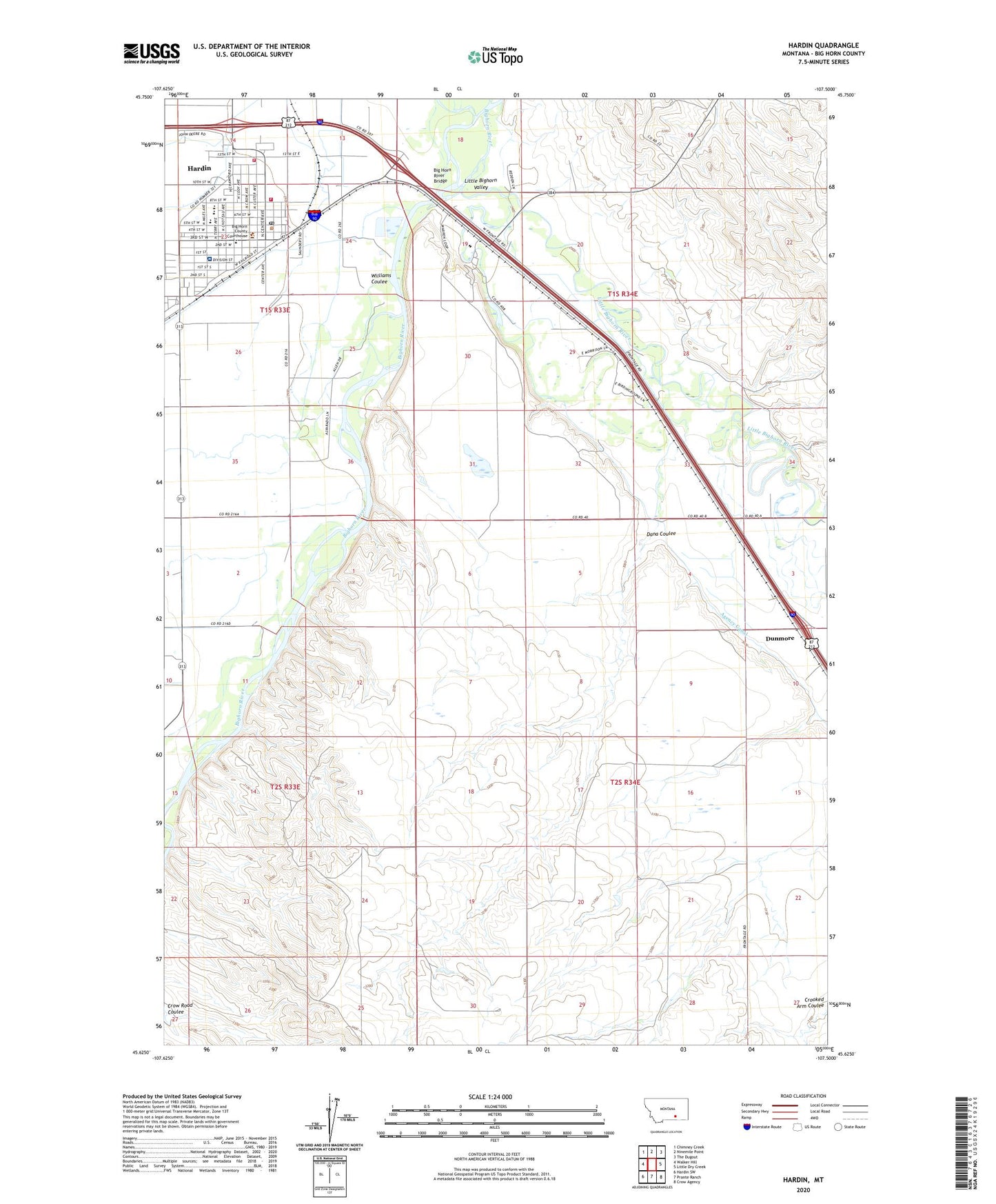 Hardin Montana US Topo Map Image