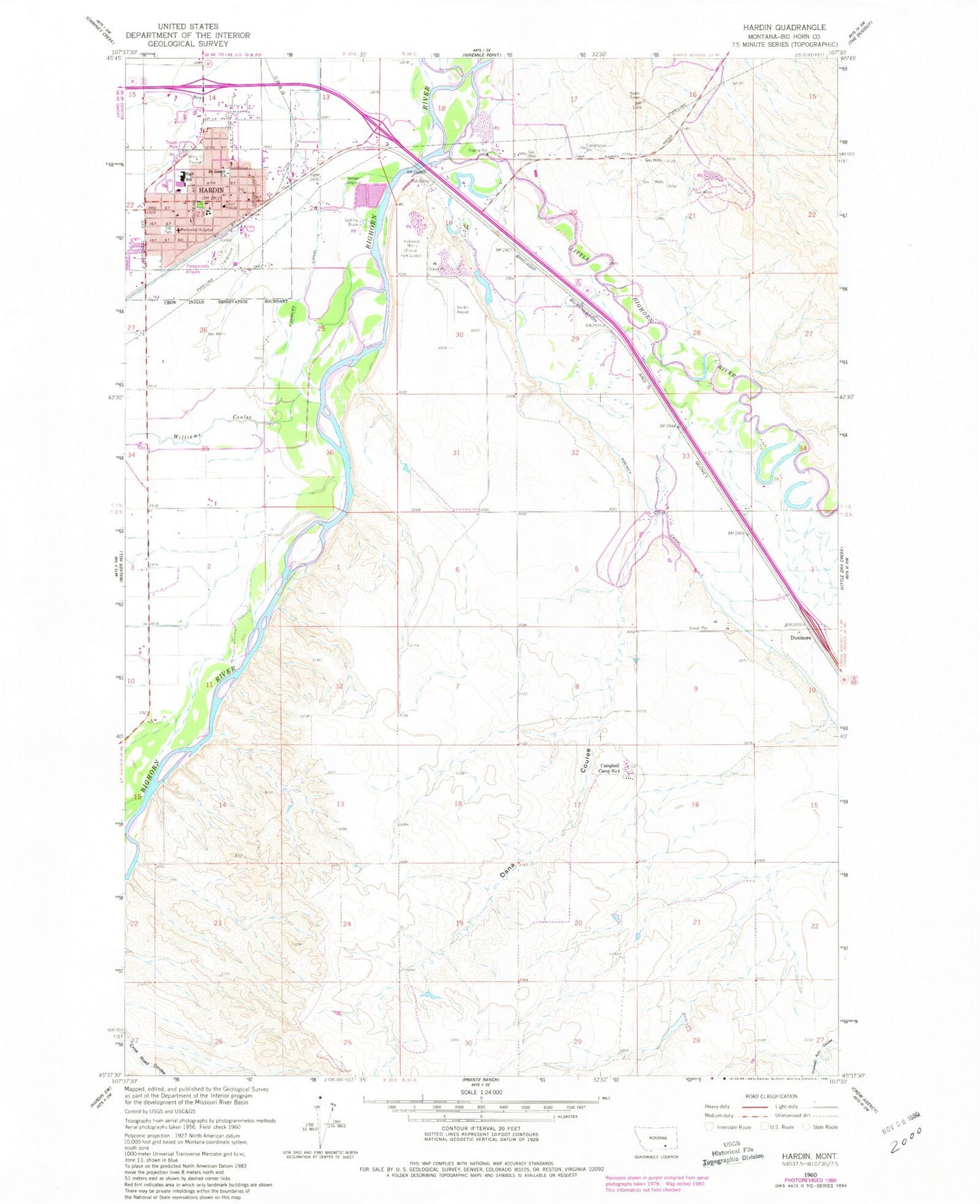 Classic USGS Hardin Montana 7.5'x7.5' Topo Map Image