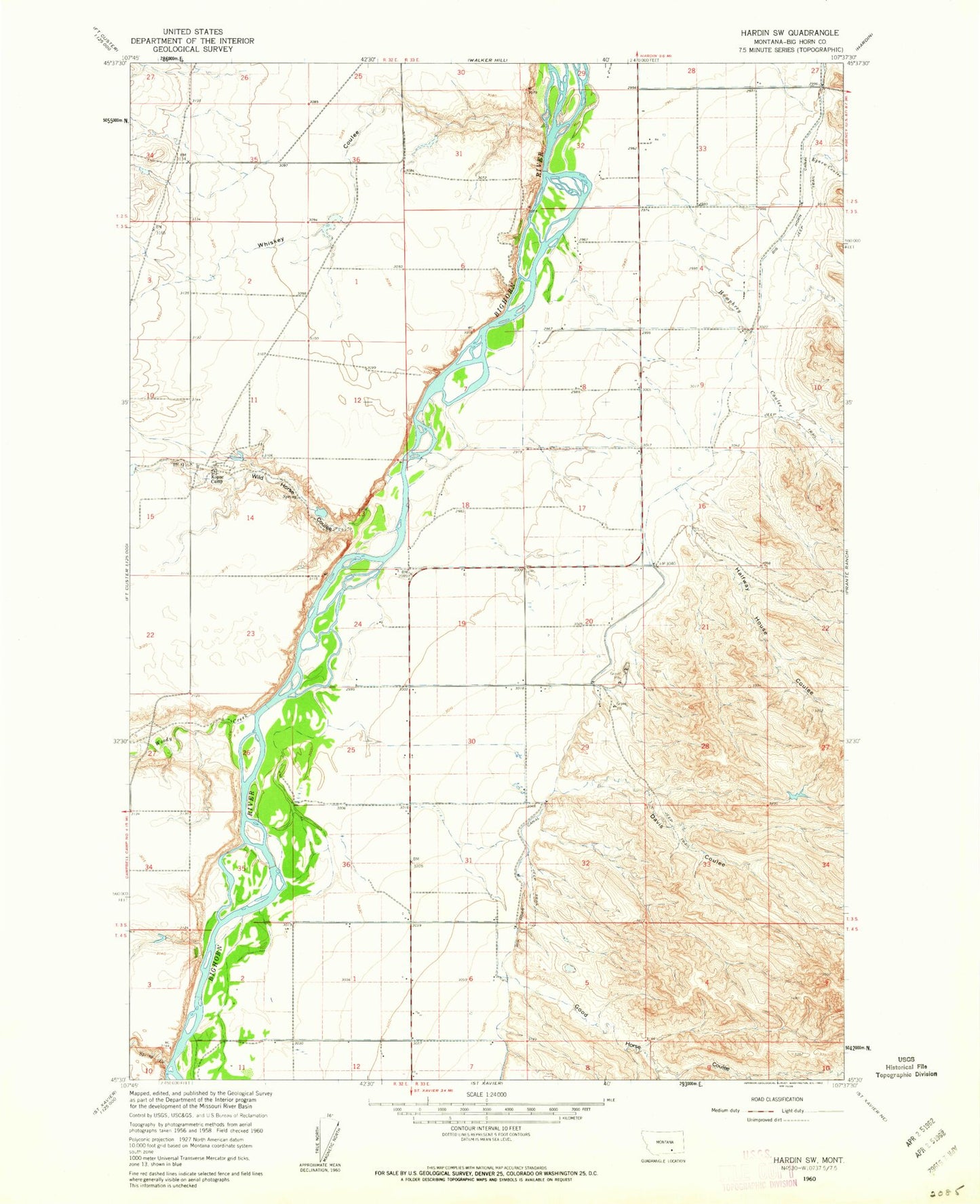 Classic USGS Hardin SW Montana 7.5'x7.5' Topo Map Image