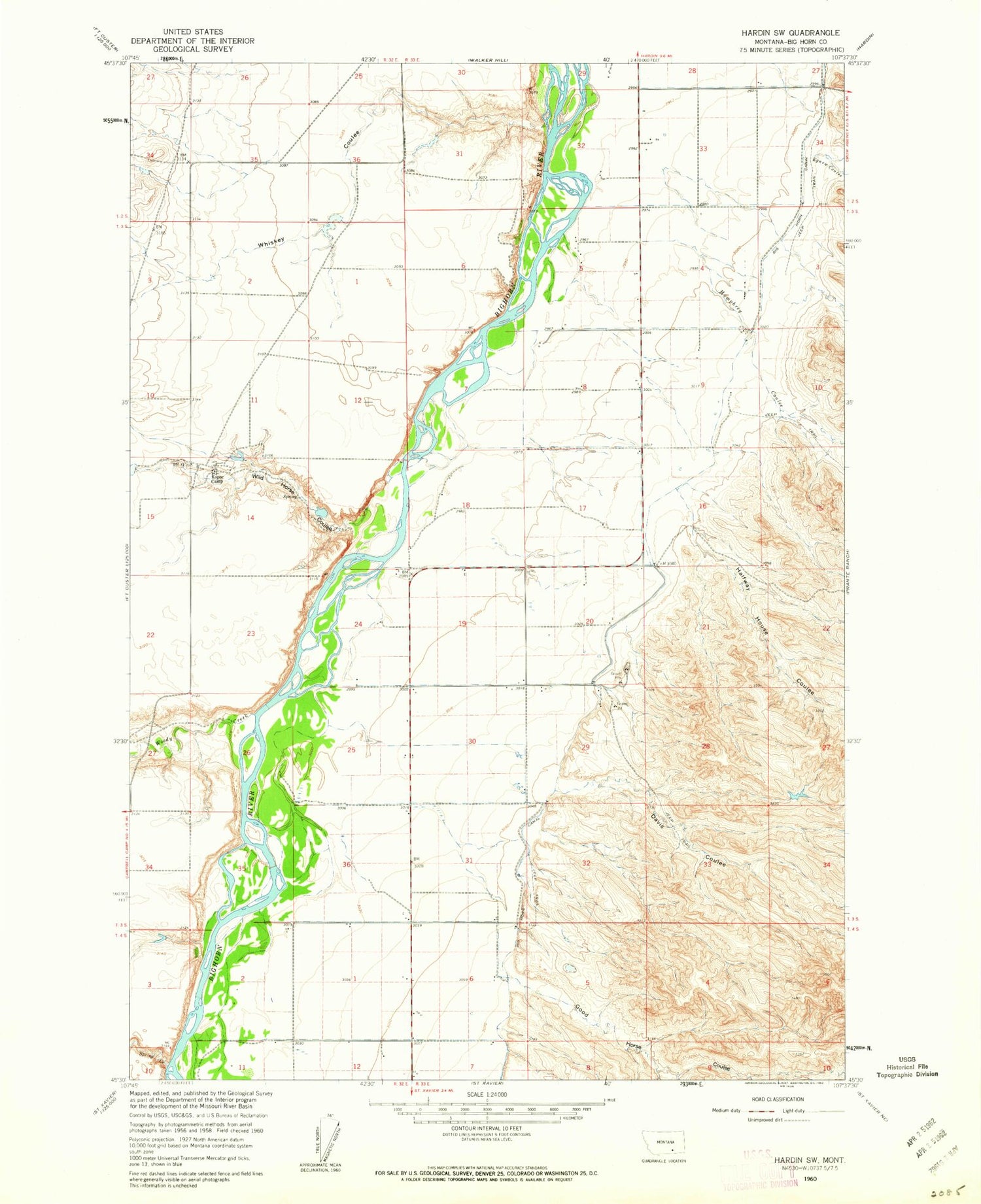 Classic USGS Hardin SW Montana 7.5'x7.5' Topo Map Image