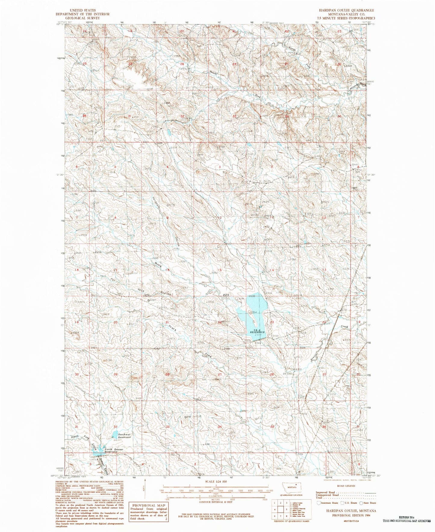 Classic USGS Hardpan Coulee Montana 7.5'x7.5' Topo Map Image