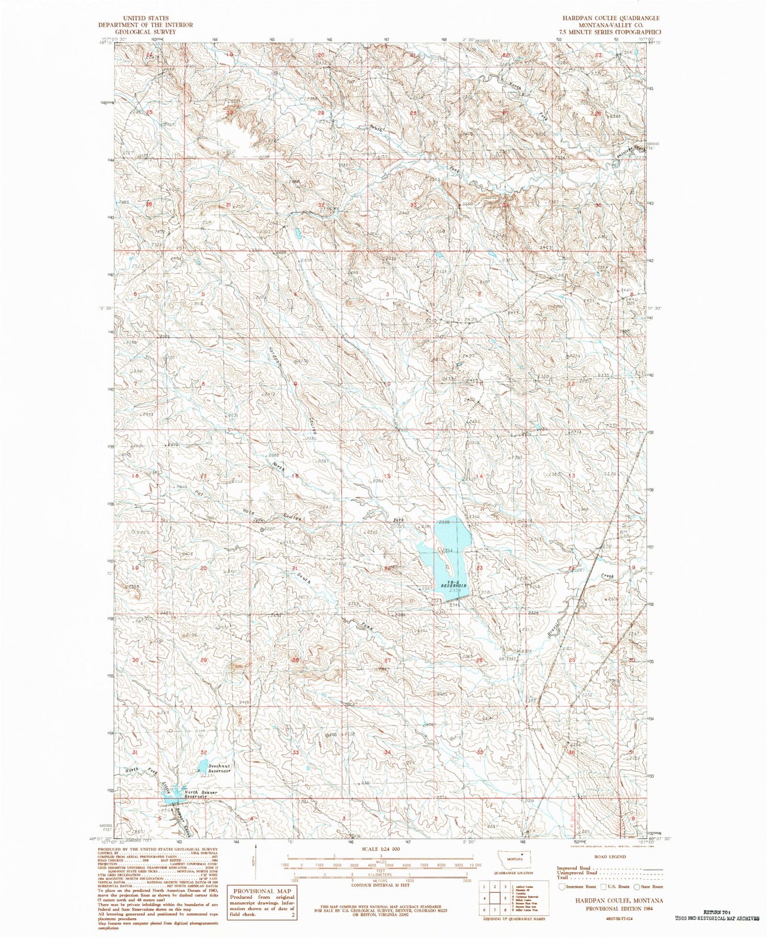 Classic USGS Hardpan Coulee Montana 7.5'x7.5' Topo Map Image