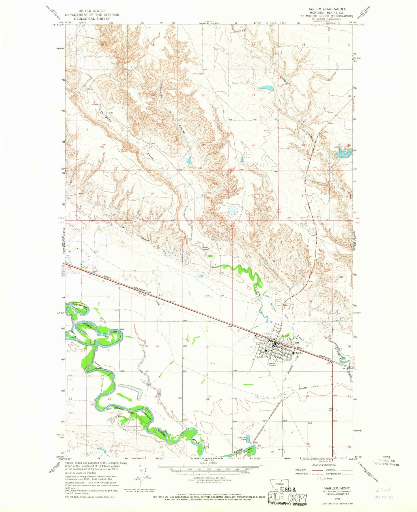 Classic USGS Harlem Montana 7.5'x7.5' Topo Map Image