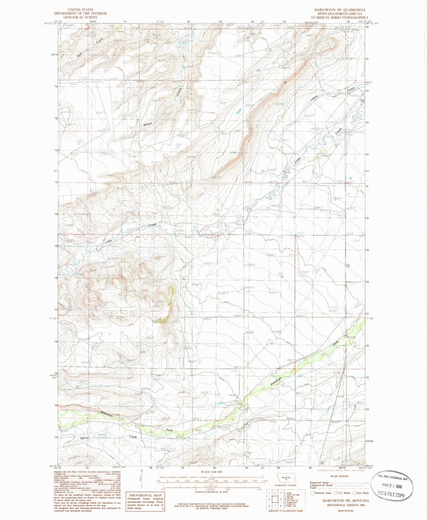 Classic USGS Harlowton SW Montana 7.5'x7.5' Topo Map Image