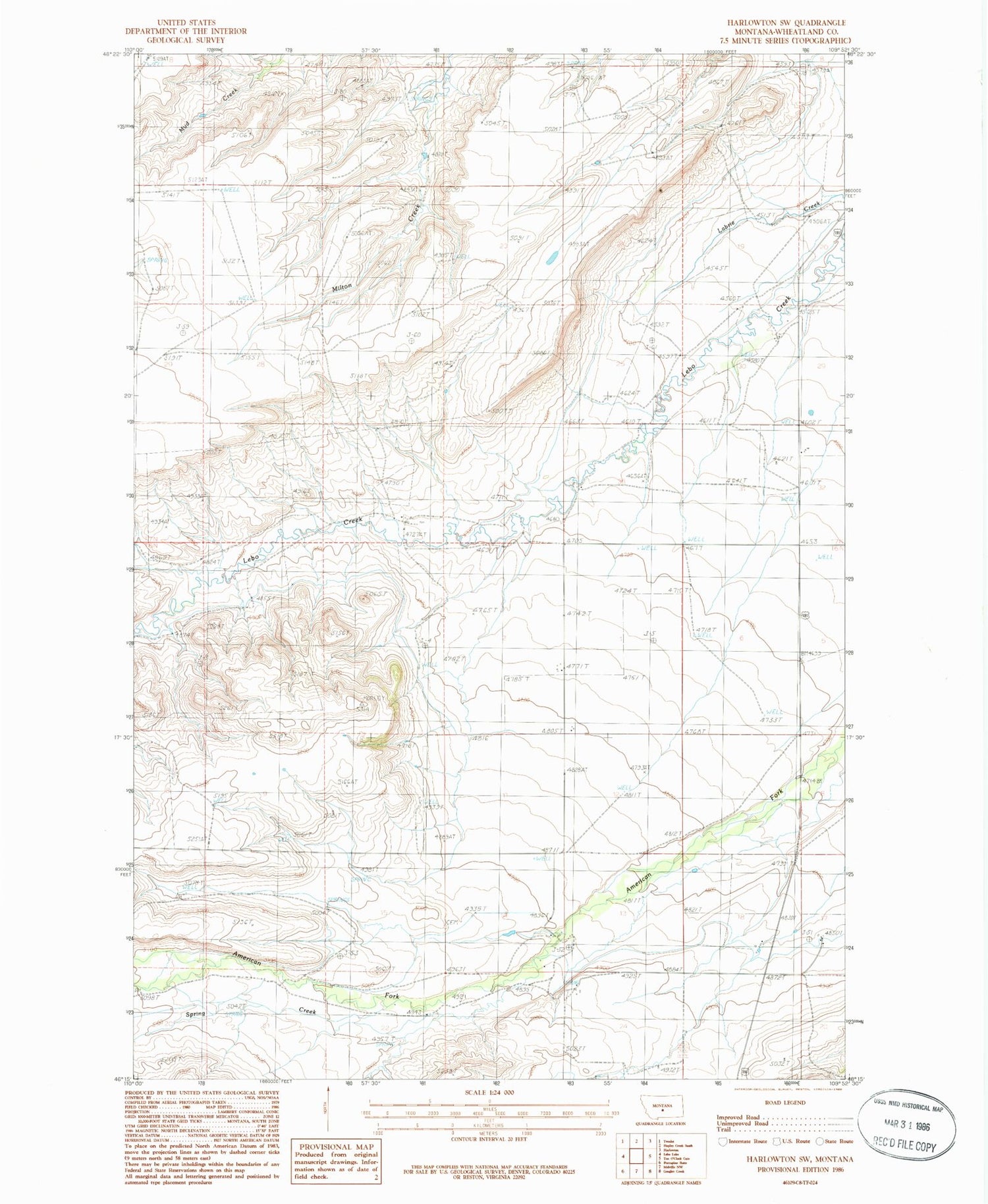 Classic USGS Harlowton SW Montana 7.5'x7.5' Topo Map Image