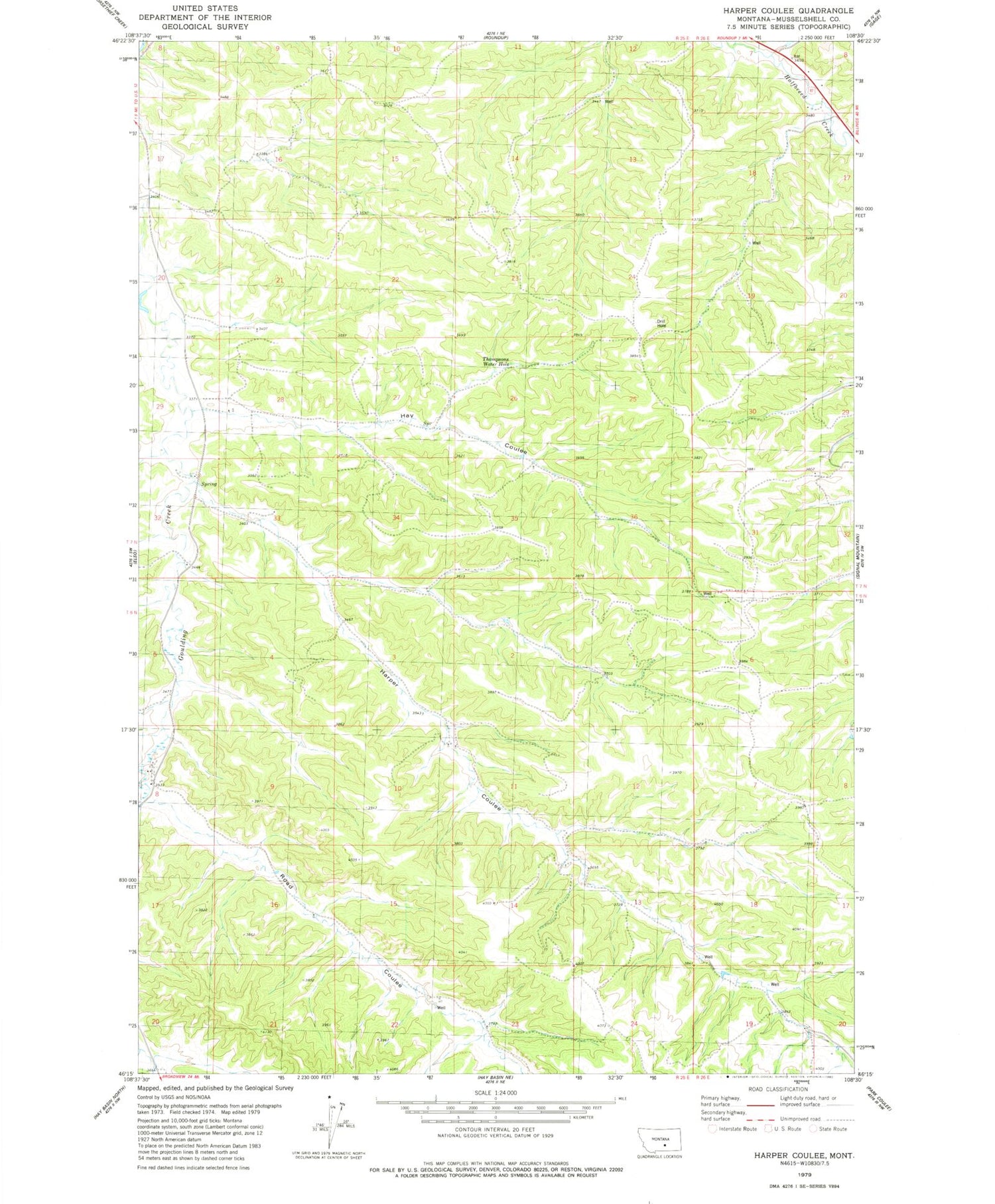 Classic USGS Harper Coulee Montana 7.5'x7.5' Topo Map Image