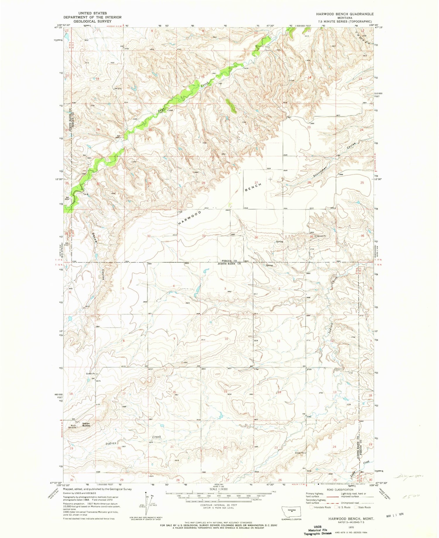 Classic USGS Harwood Bench Montana 7.5'x7.5' Topo Map Image